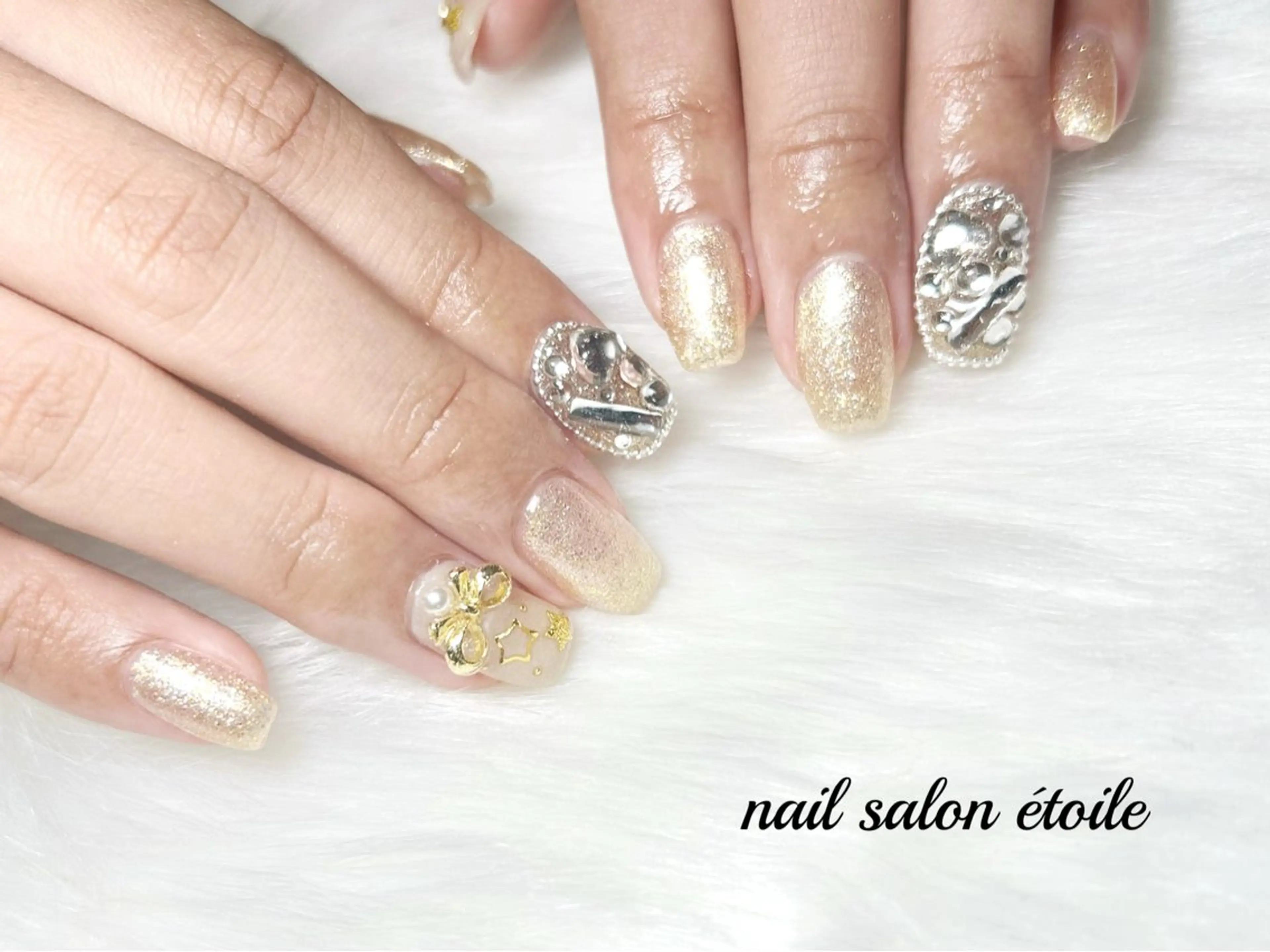 ネイル アートネイル マグネットネイル リボン ストーンネイル ハンドネイル nail salon étoileのネイルデザイン