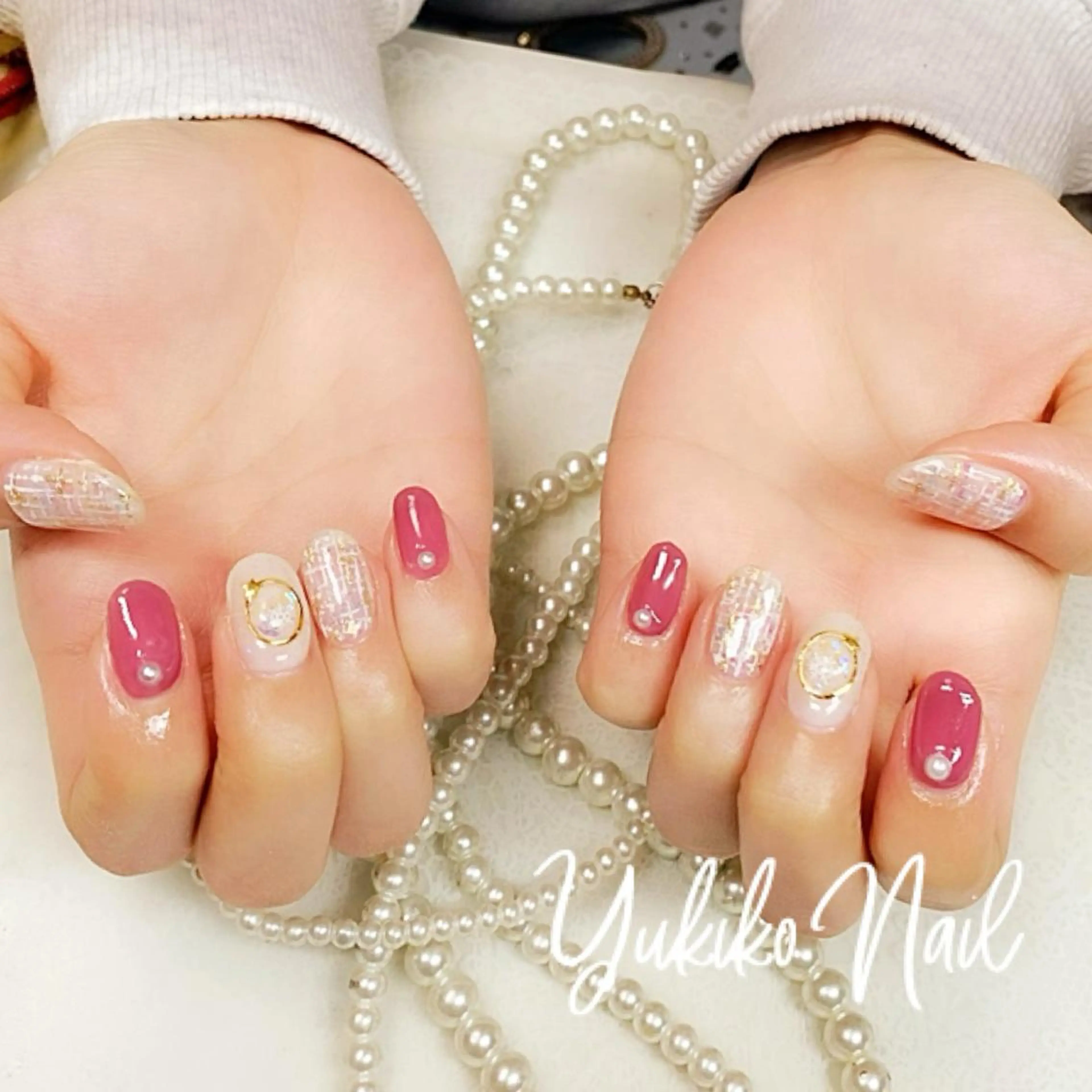 ネイル ピンク ツイードネイル ハンドネイル ユキコ ネイルのネイルデザイン