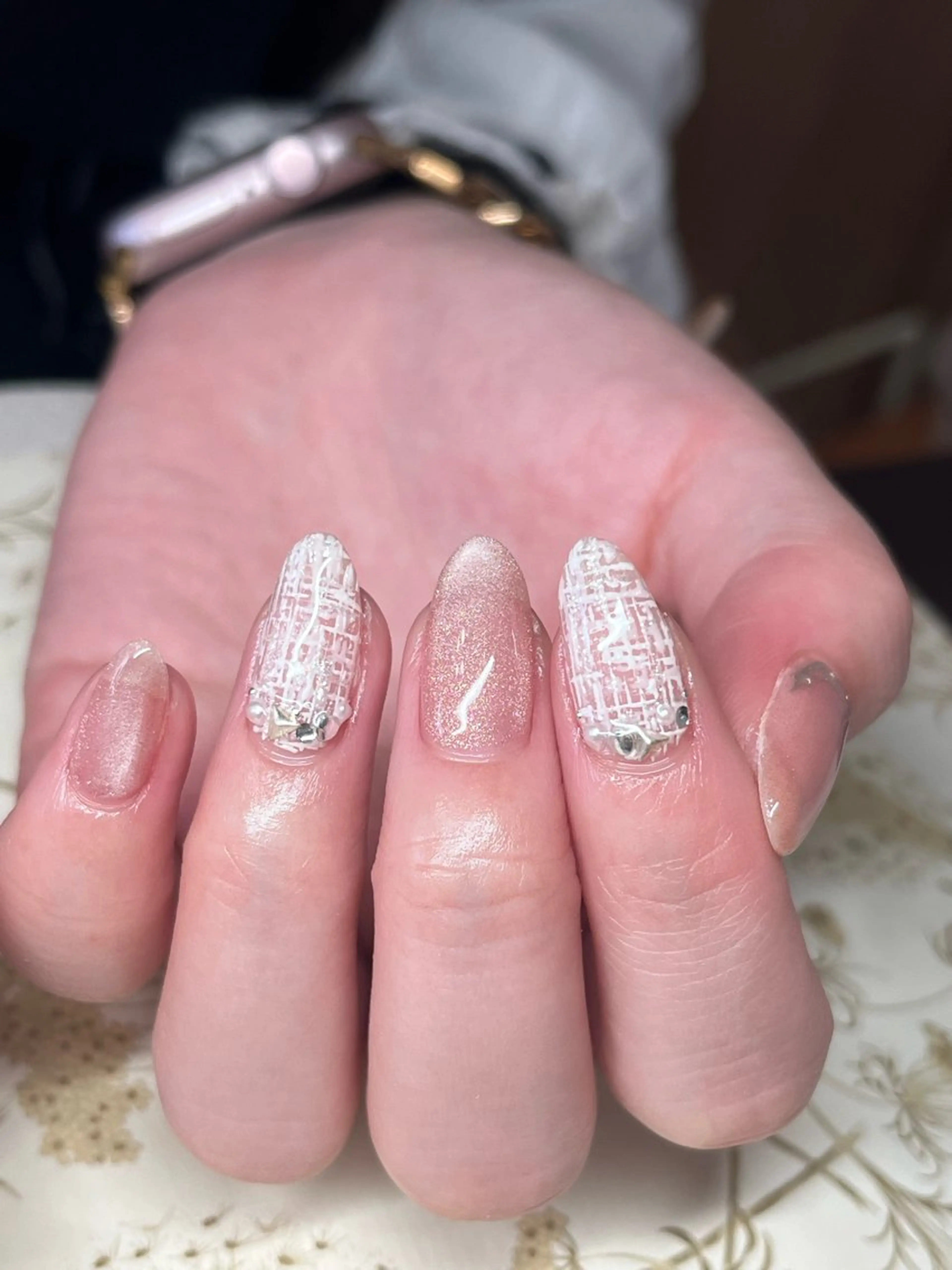 ネイル ピンク 春ネイル ツイードネイル ハンドネイル miel nailのネイルデザイン