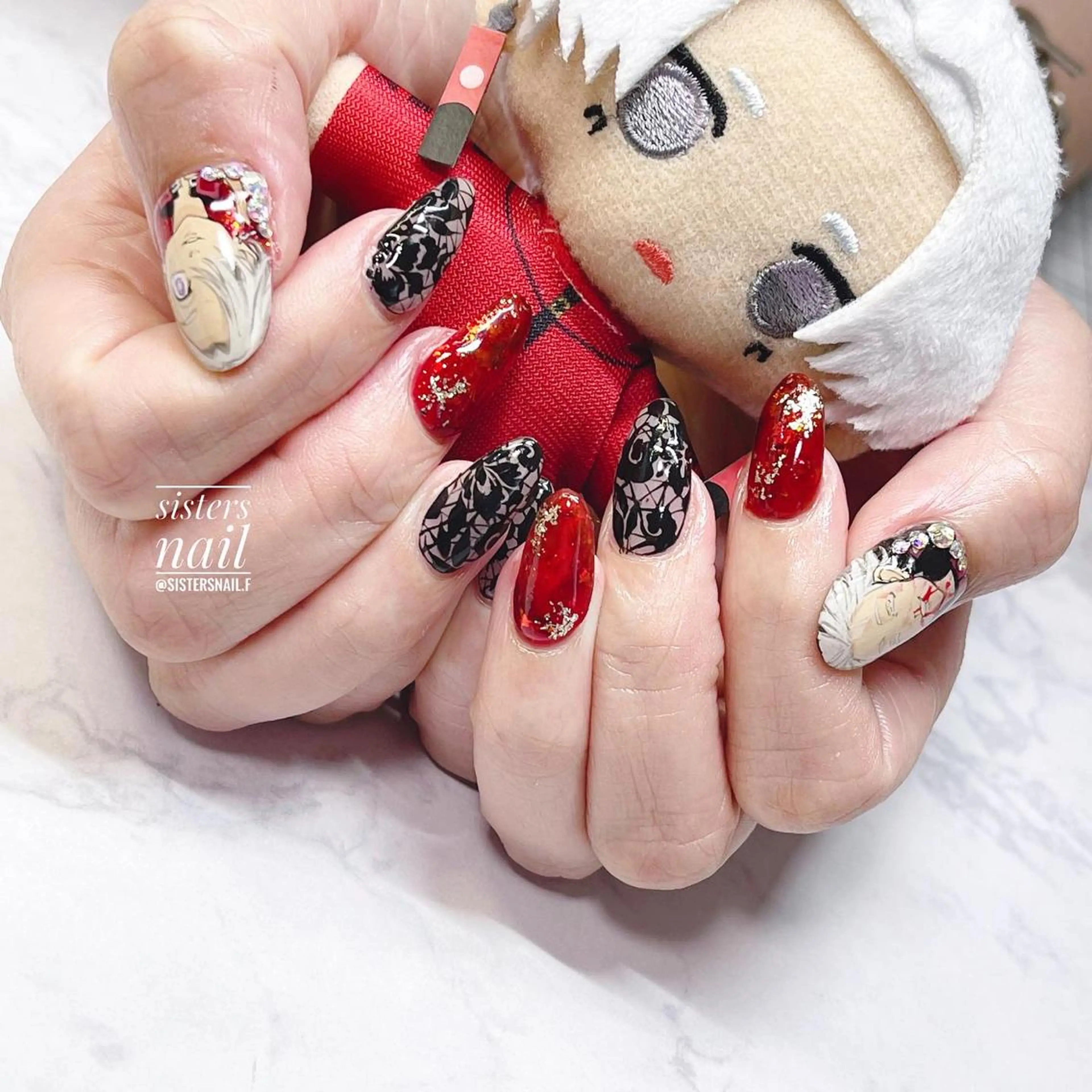 ネイル アートネイル べっ甲ネイル レース 赤色 sisters nail.fのネイルデザイン