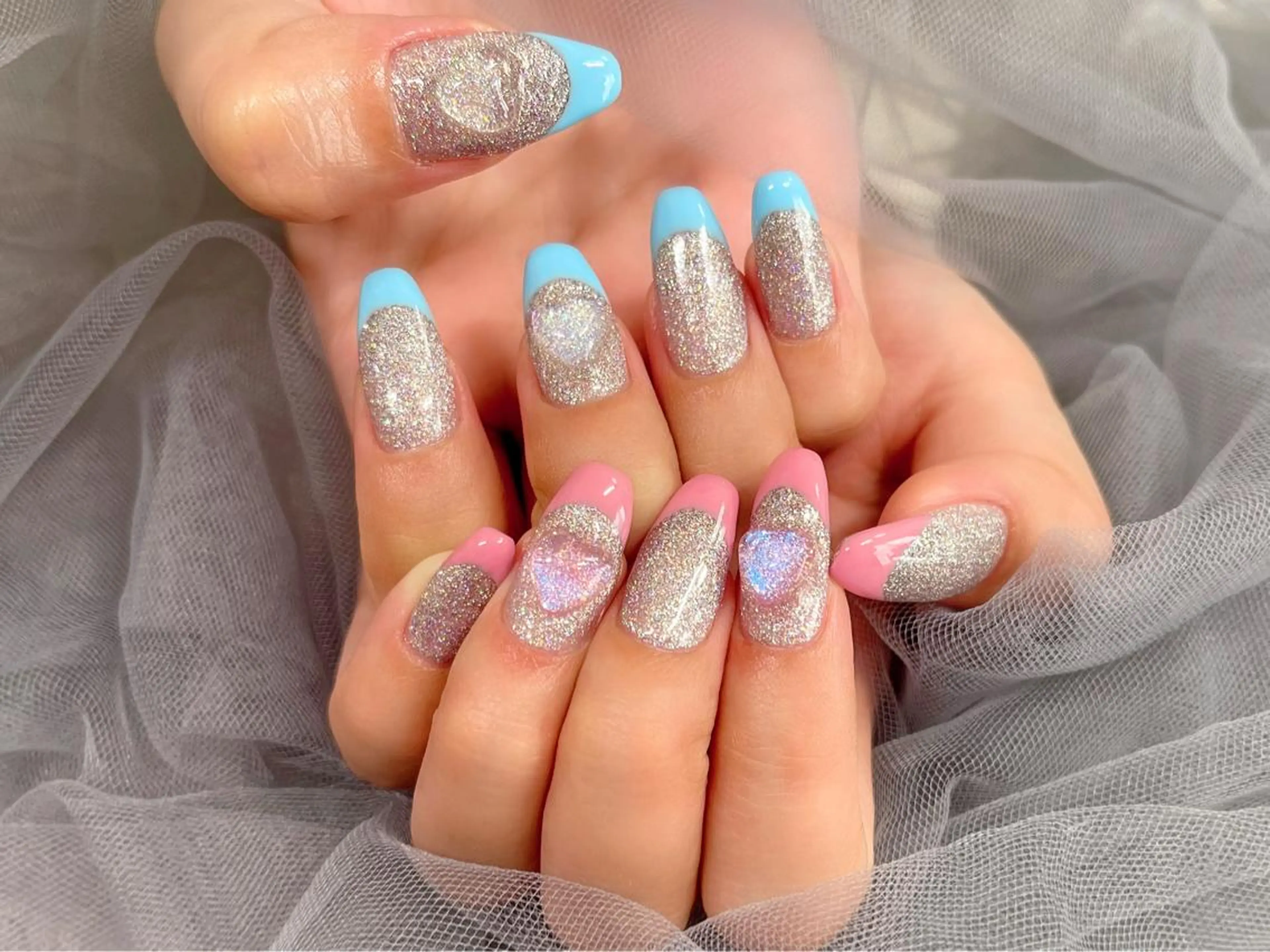 ネイル フレンチネイル ハート 水色 ピンク ハンドネイル Nail Salon KURELLYのネイルデザイン