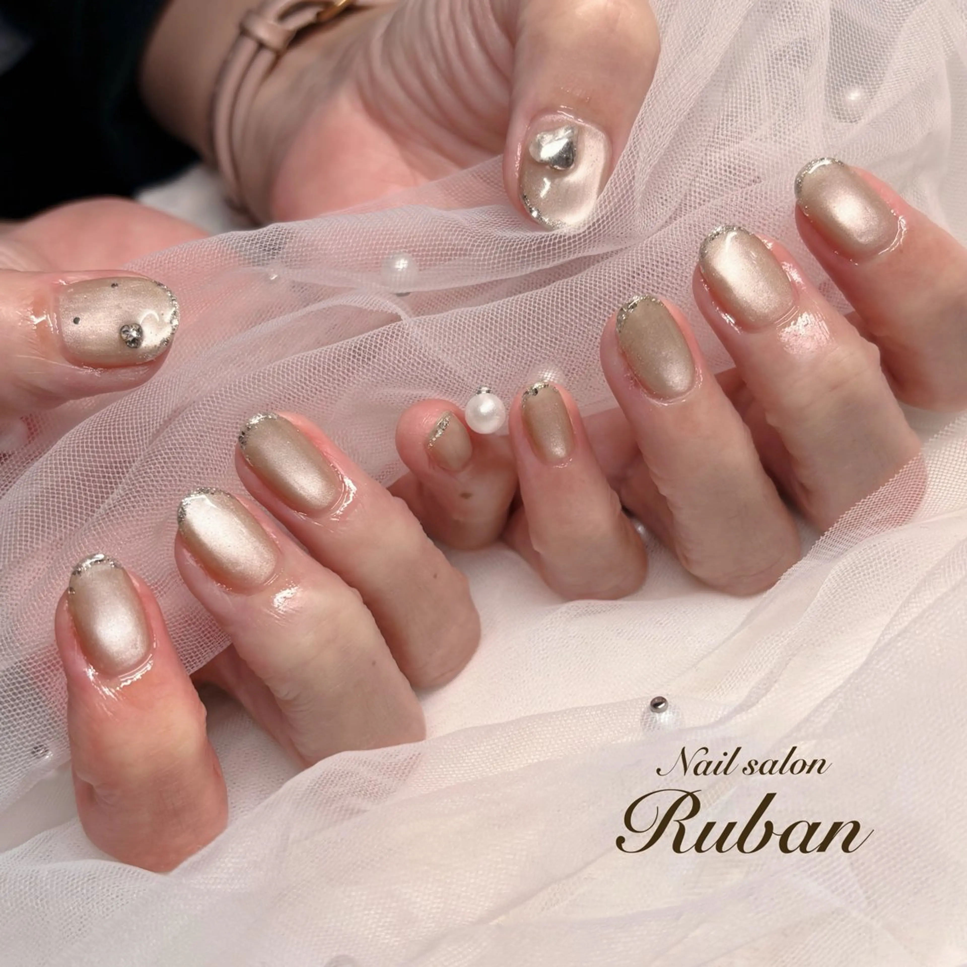 ネイル フレンチネイル ハート ラメ(グリッター) マグネットネイル Nail salon Rubanのネイルデザイン