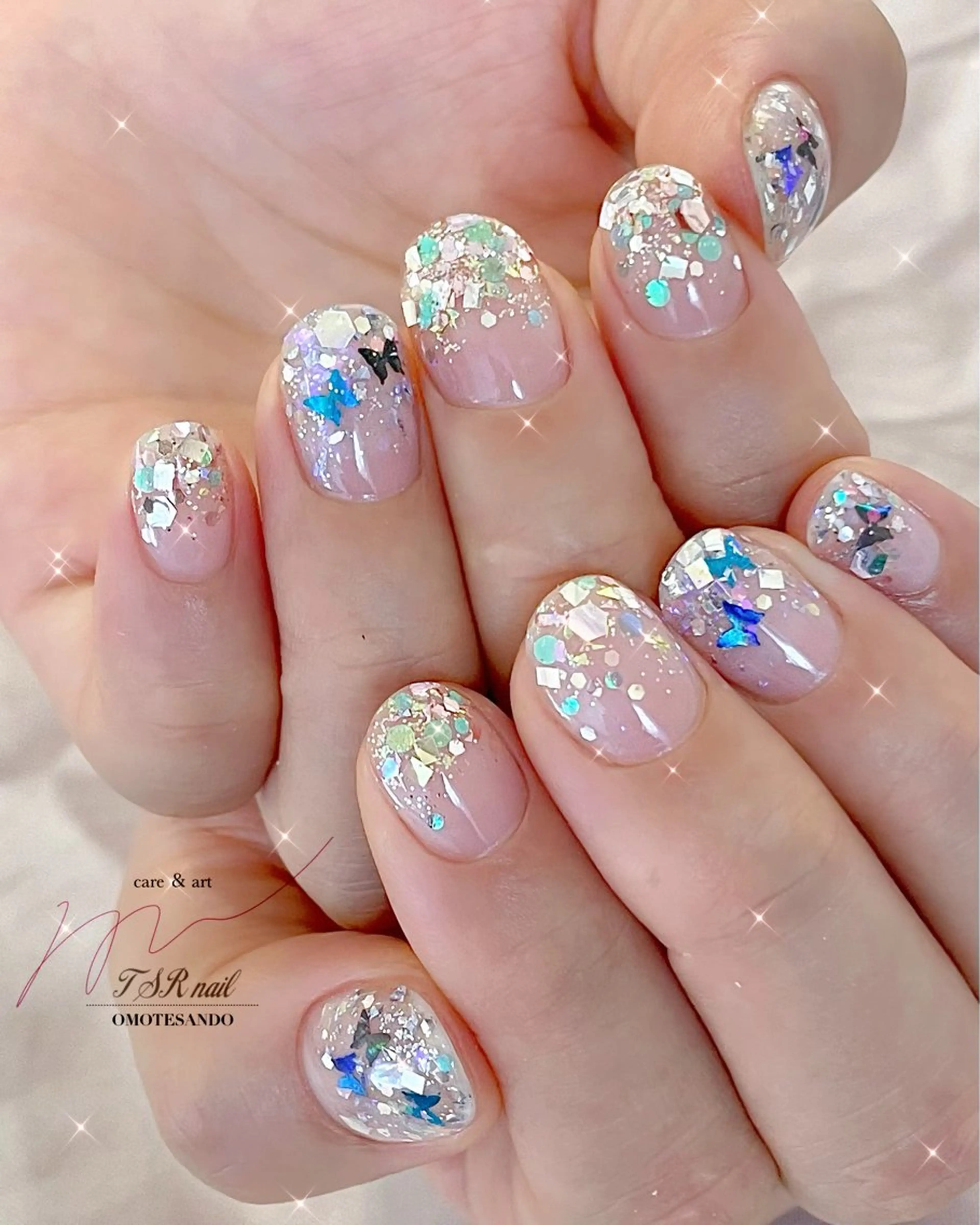 ネイル ブルー クリアネイル グラデーション ラメ(グリッター) ラメグラデーション 爪咲 りり花のネイルデザイン