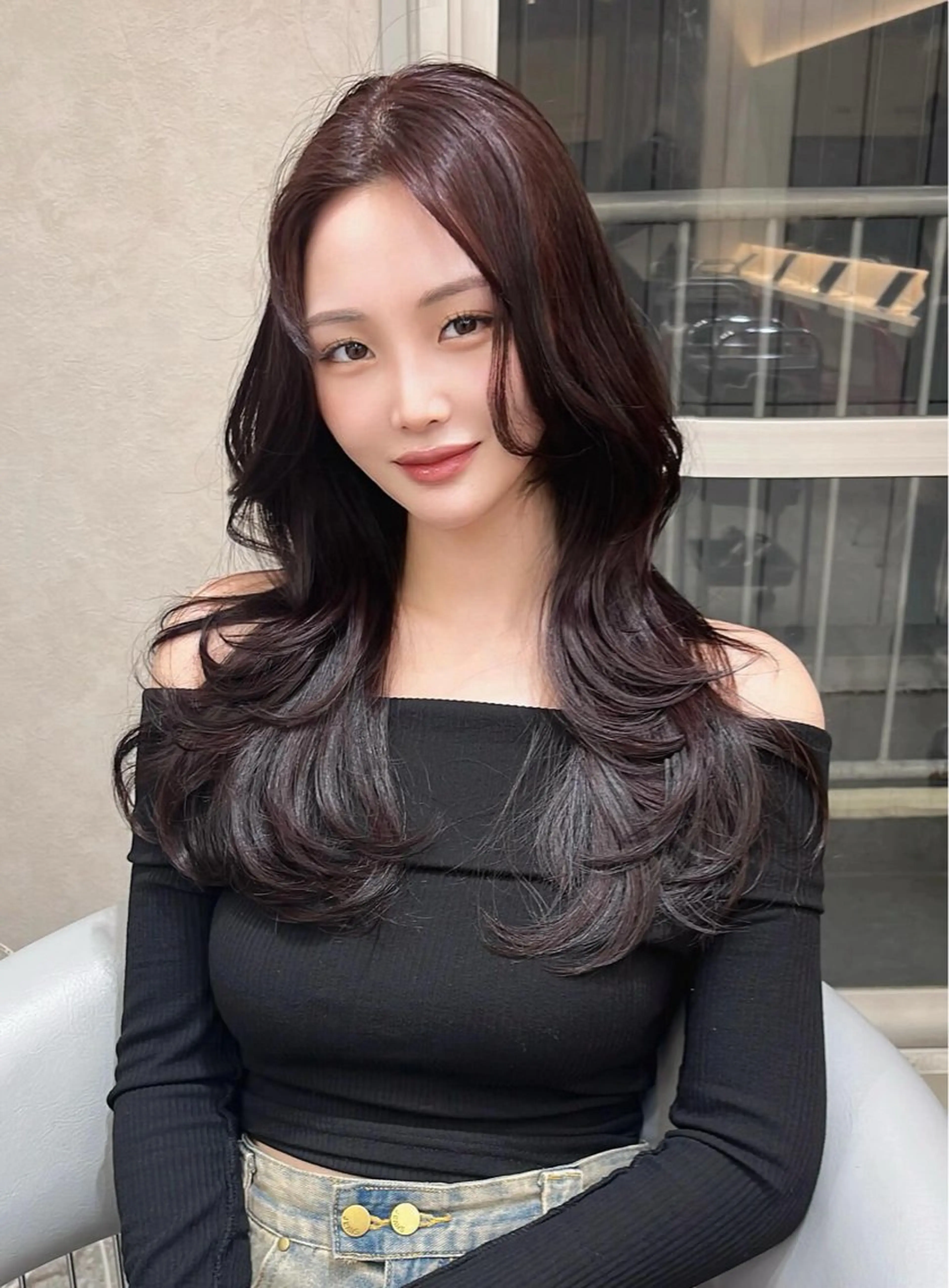 ロング カラー ブリーチ ブリーチなしカラー レッドカラー ハイレイヤー 韓国風ヘア カット ヘアカラー トリートメント 韓国ハッシュカット/ 新宿/髪質改善/岡崎のヘアスタイル