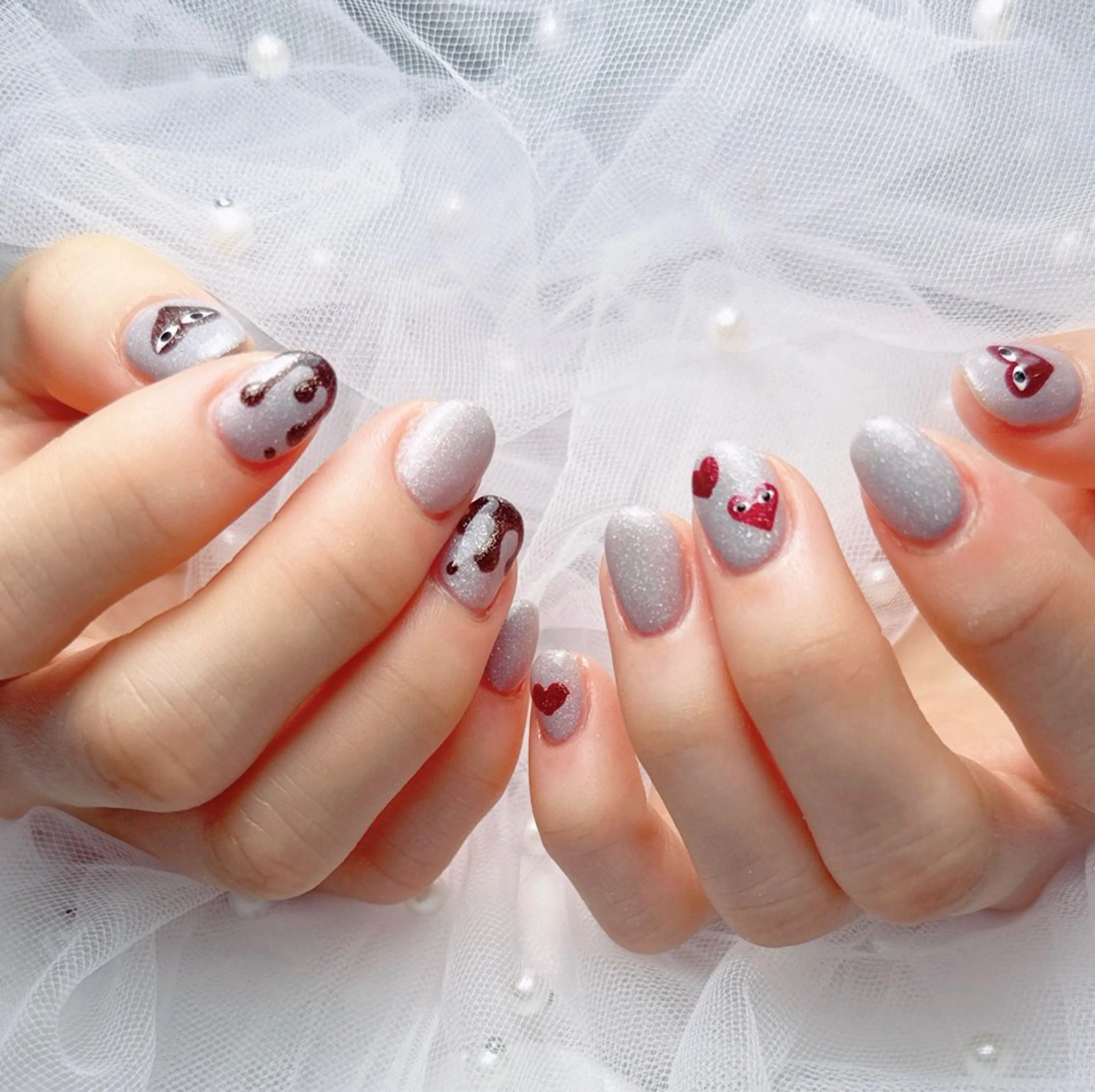 ネイル フレンチネイル ハート 韓国ネイル マグネットネイル マグネットフレンチ ハンドネイル ネイルサロン lotusのネイルデザイン