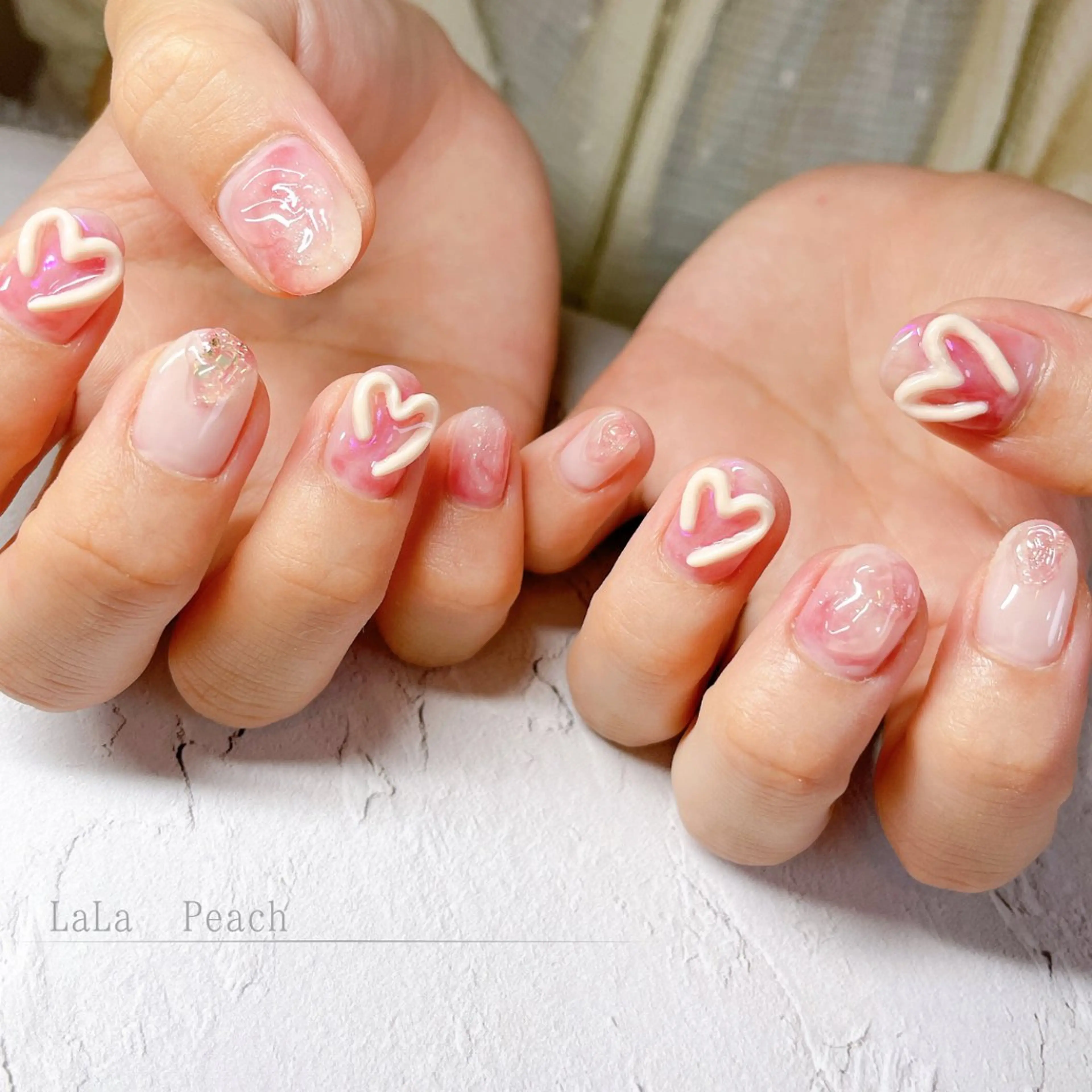 ネイル アートネイル ジェルネイル ハート 大理石ネイル(マーブル) ショートネイル ハンドネイル LaLa Peach 福岡のマツエク・マツパデザイン