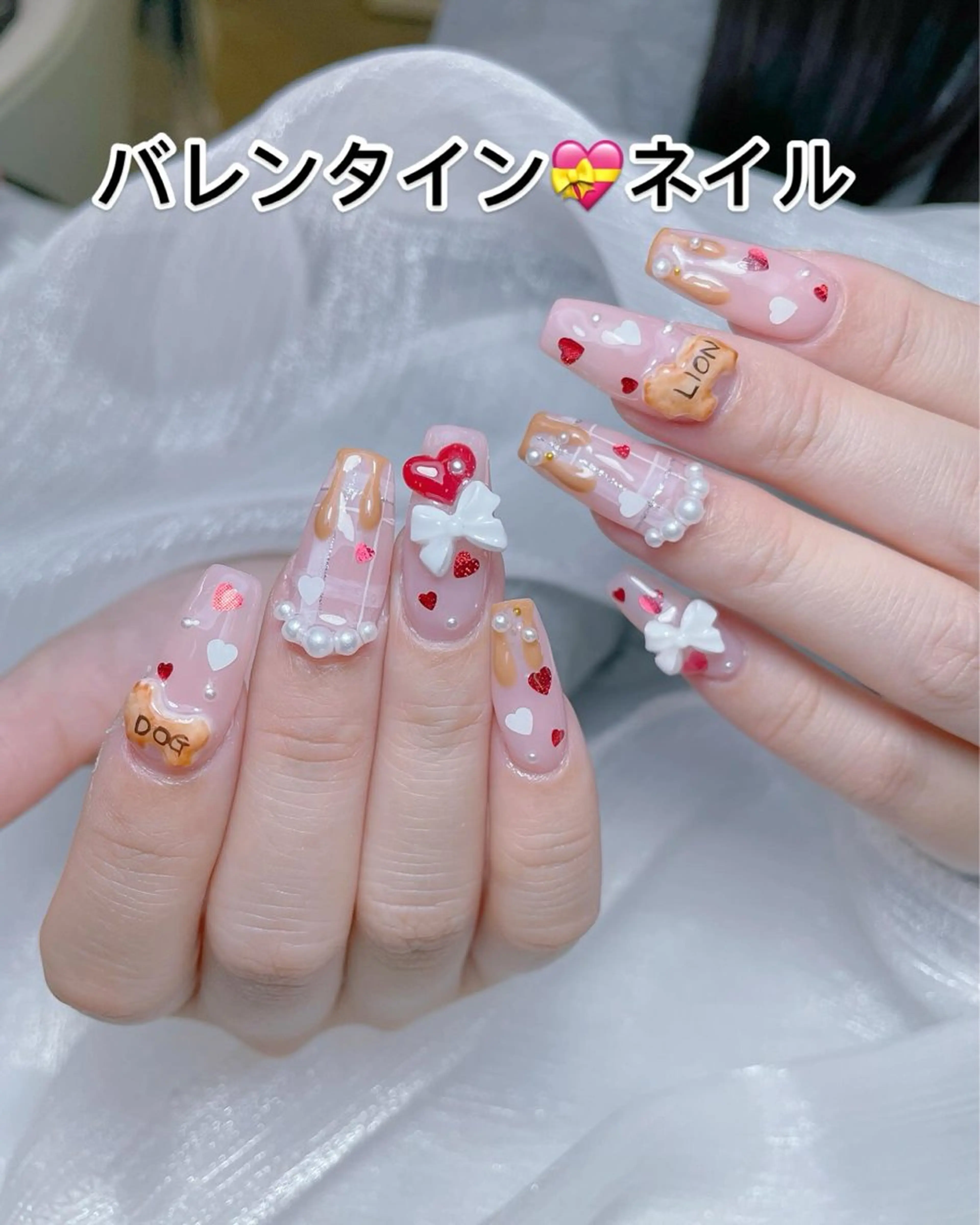 ネイル チークネイル ガーリー キラキラネイル 韓国ネイル リボン ハンドネイル princess スカルプ専門店のネイルデザイン