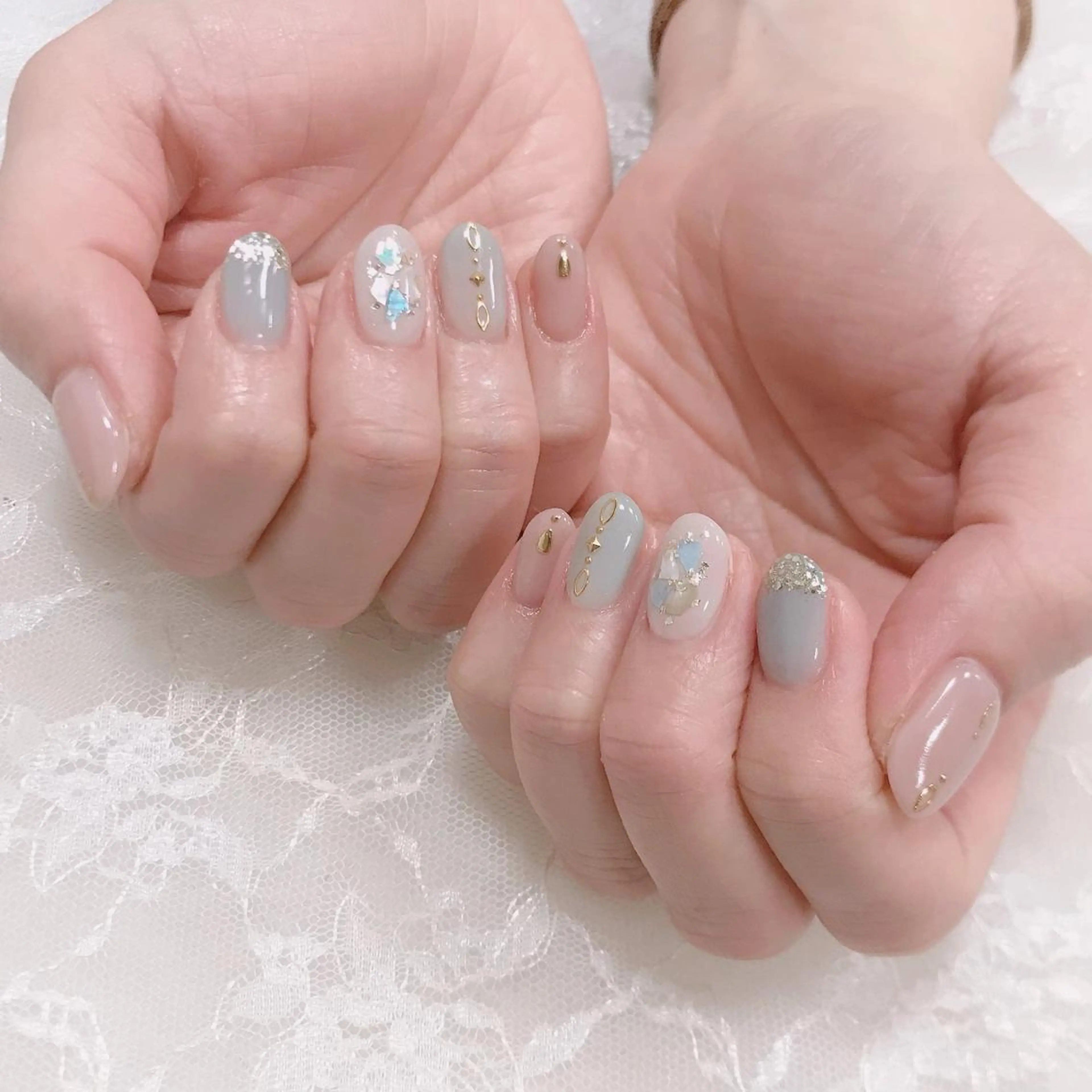 ネイル グリーン 水色 パステルネイル 春ネイル ホワイト 玉造、森ノ宮 fran2 nailのネイルデザイン