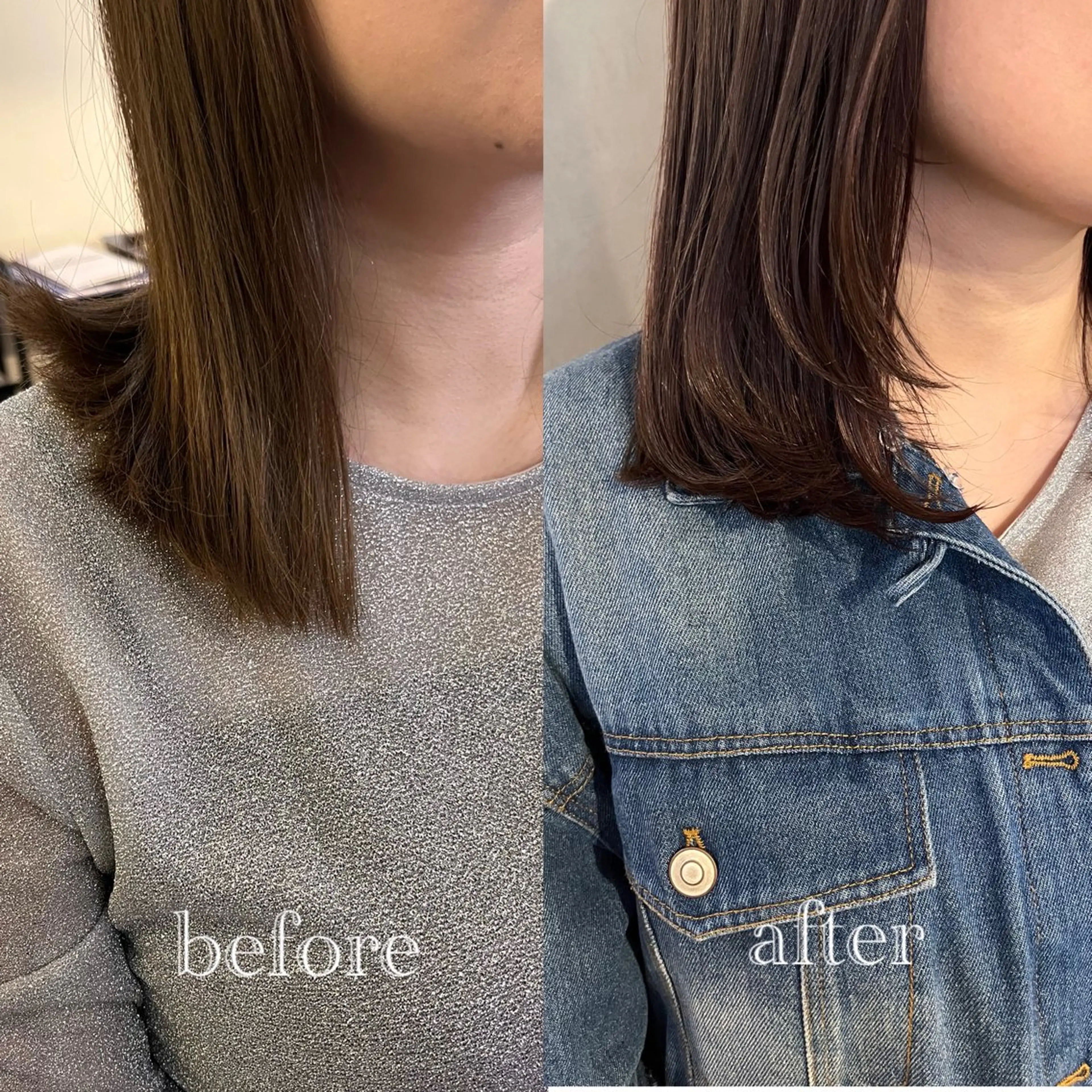 ミディアム ピンクブラウン 顔まわりレイヤー レイヤーカット カット ヘアカラー 薬院:今泉/上川美幸 ボブ/顔周りレイヤーのヘアスタイル