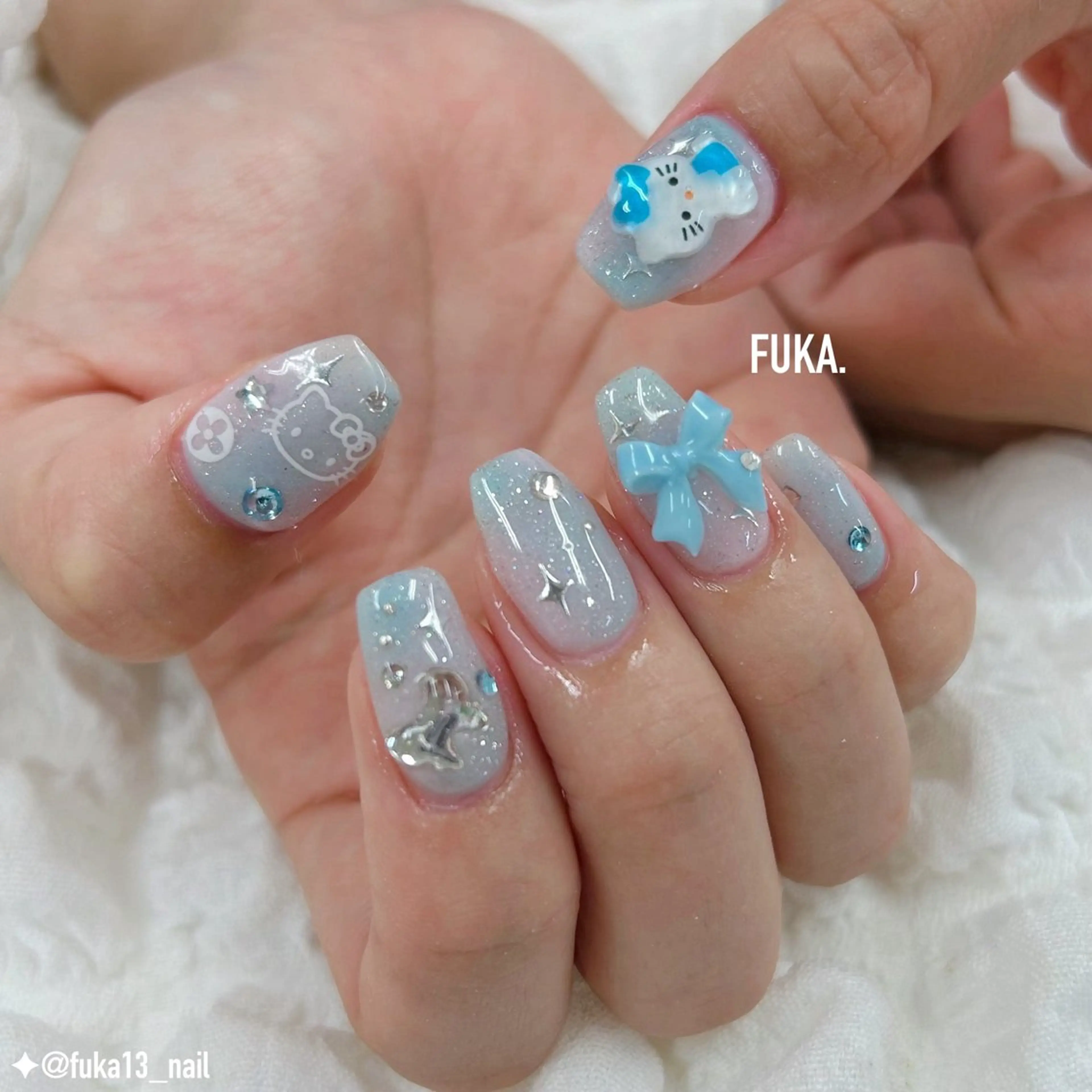 ネイル ブルー 韓国ネイル リボン 夏ネイル ハンドネイル ネイルサロンAnela【アネラ】所属・Nail♡Fuka. /4月予約受付中のネイルデザイン