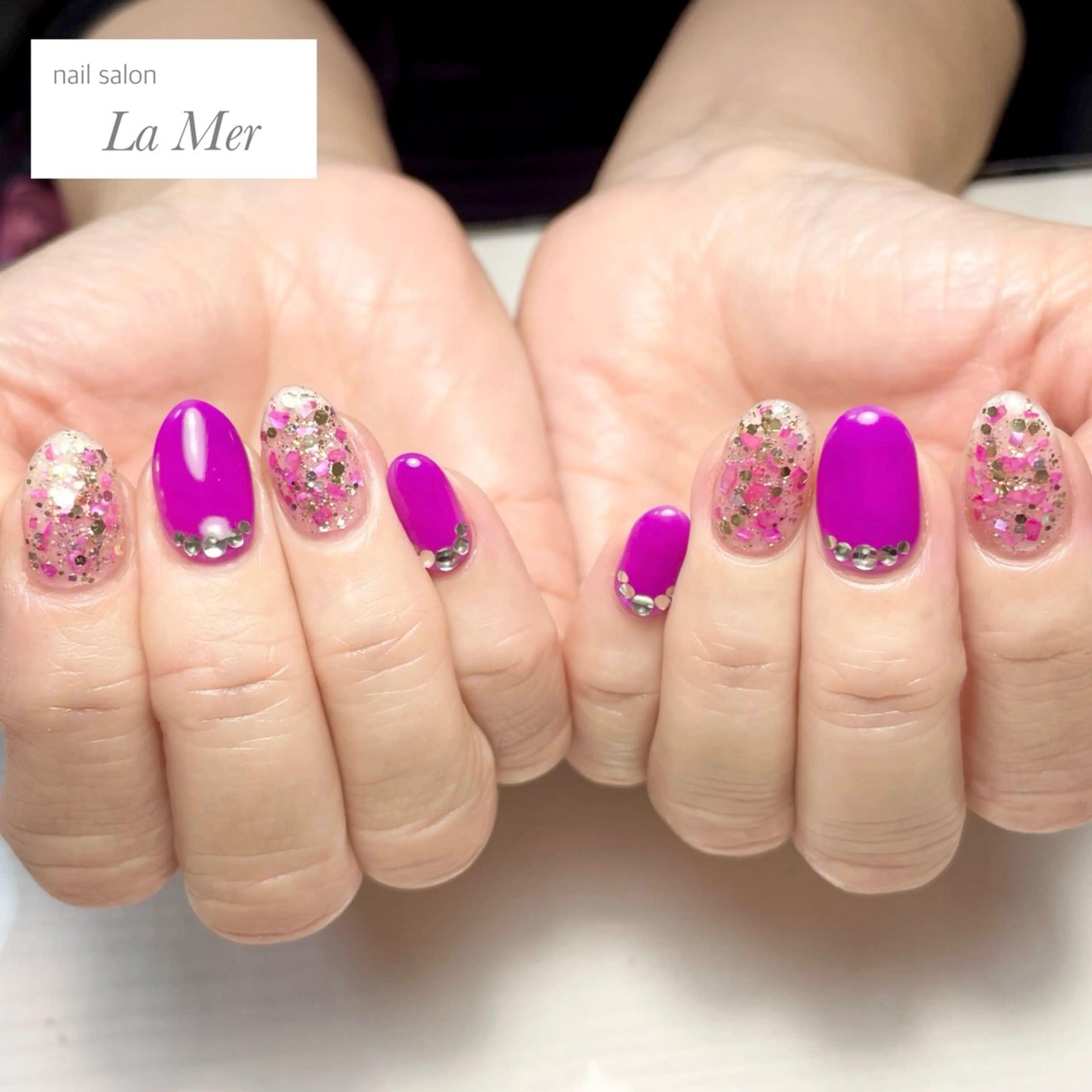 ネイル クリアネイル キラキラネイル 持ち込み ピンク パープル nailsalon La Merのネイルデザイン