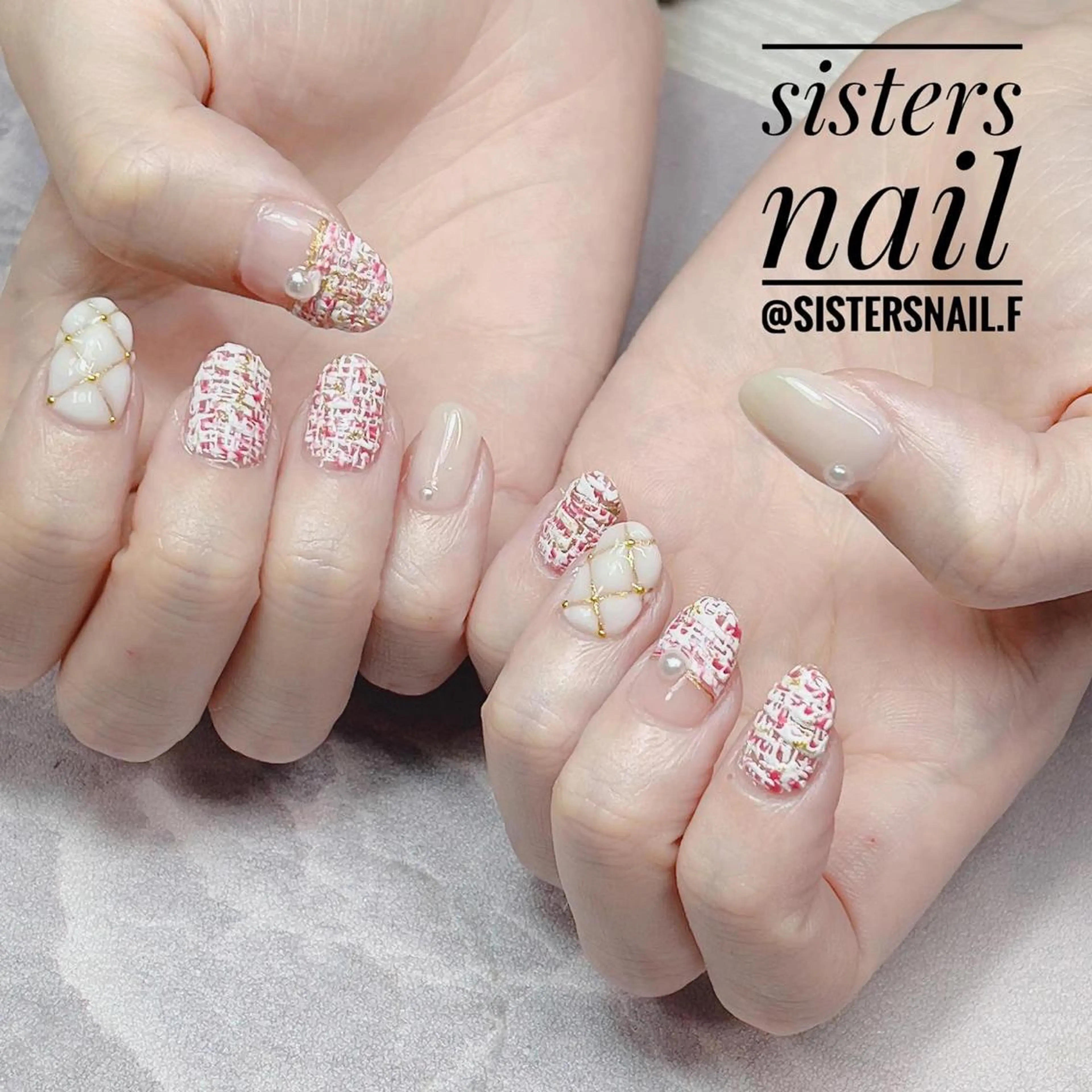 ネイル アートネイル キラキラネイル 持ち込み ピンク ツイードネイル sisters nail.fのネイルデザイン