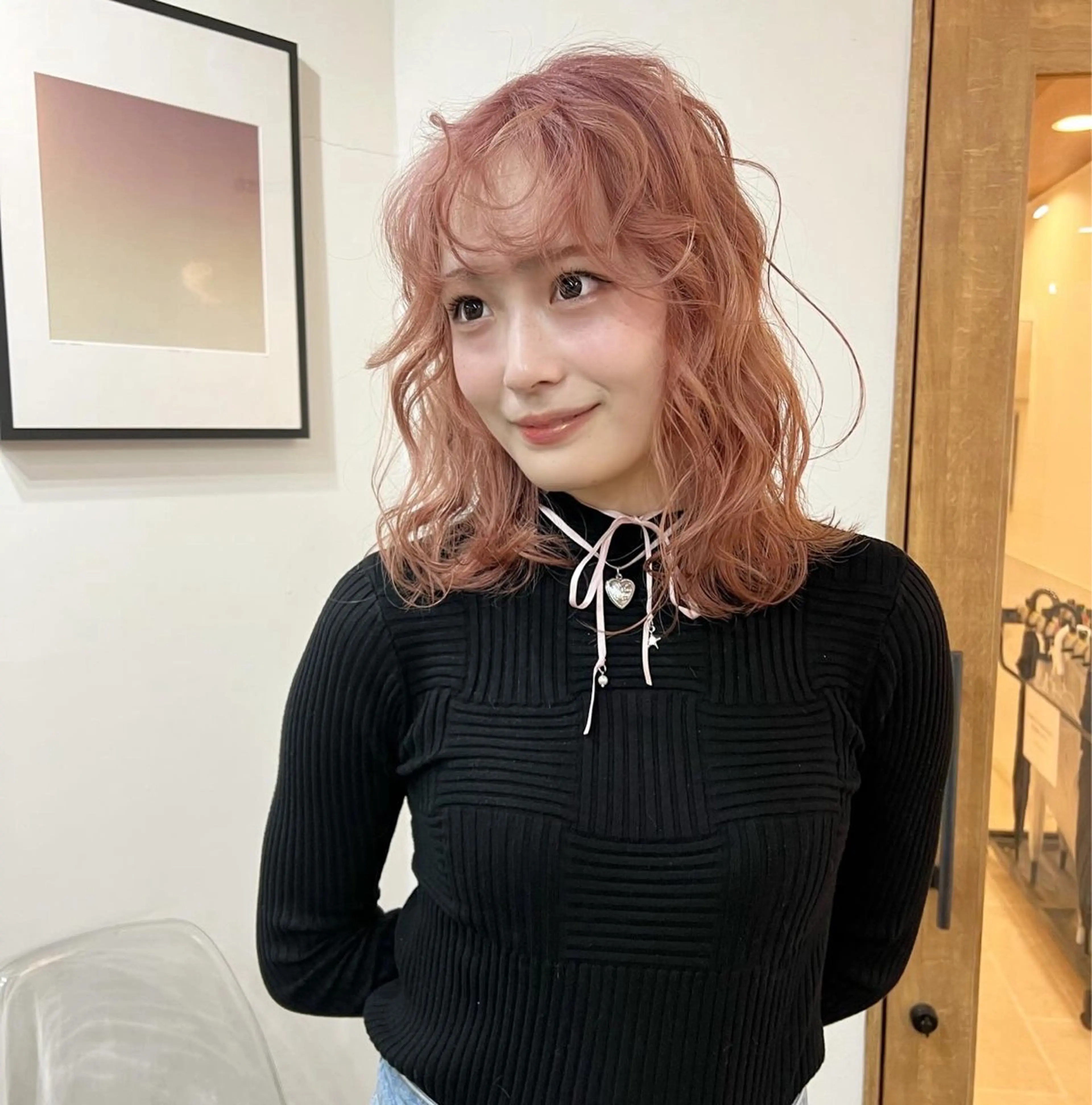 ミディアム カラー ベージュカラー ピンクカラー ピンクベージュ いざわりお /梅田/ブリーチのヘアスタイル