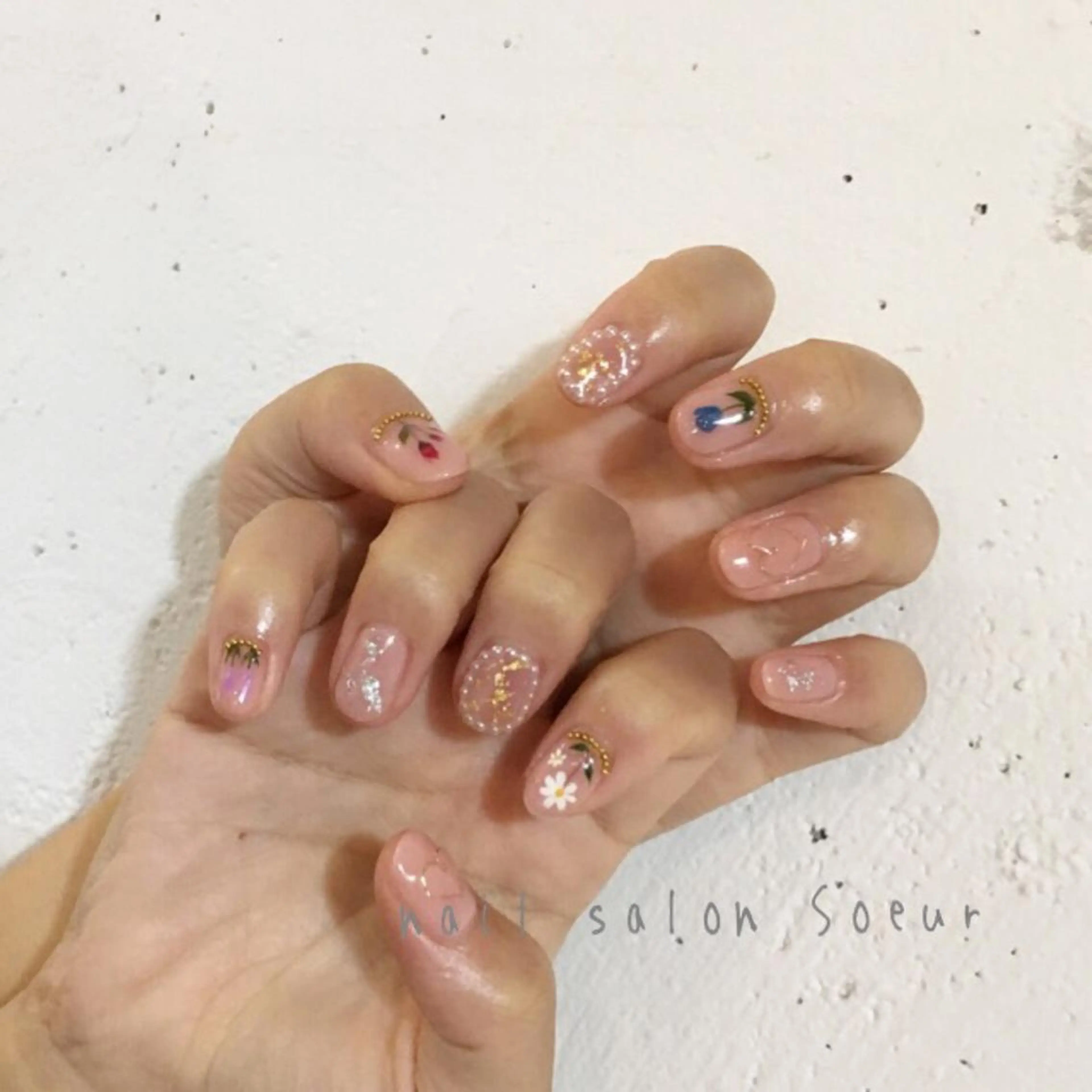 ネイル アートネイル フラワーネイル ジェルネイル ピンク ピンクベージュ ハンドネイル nail salon Soeurのネイルデザイン