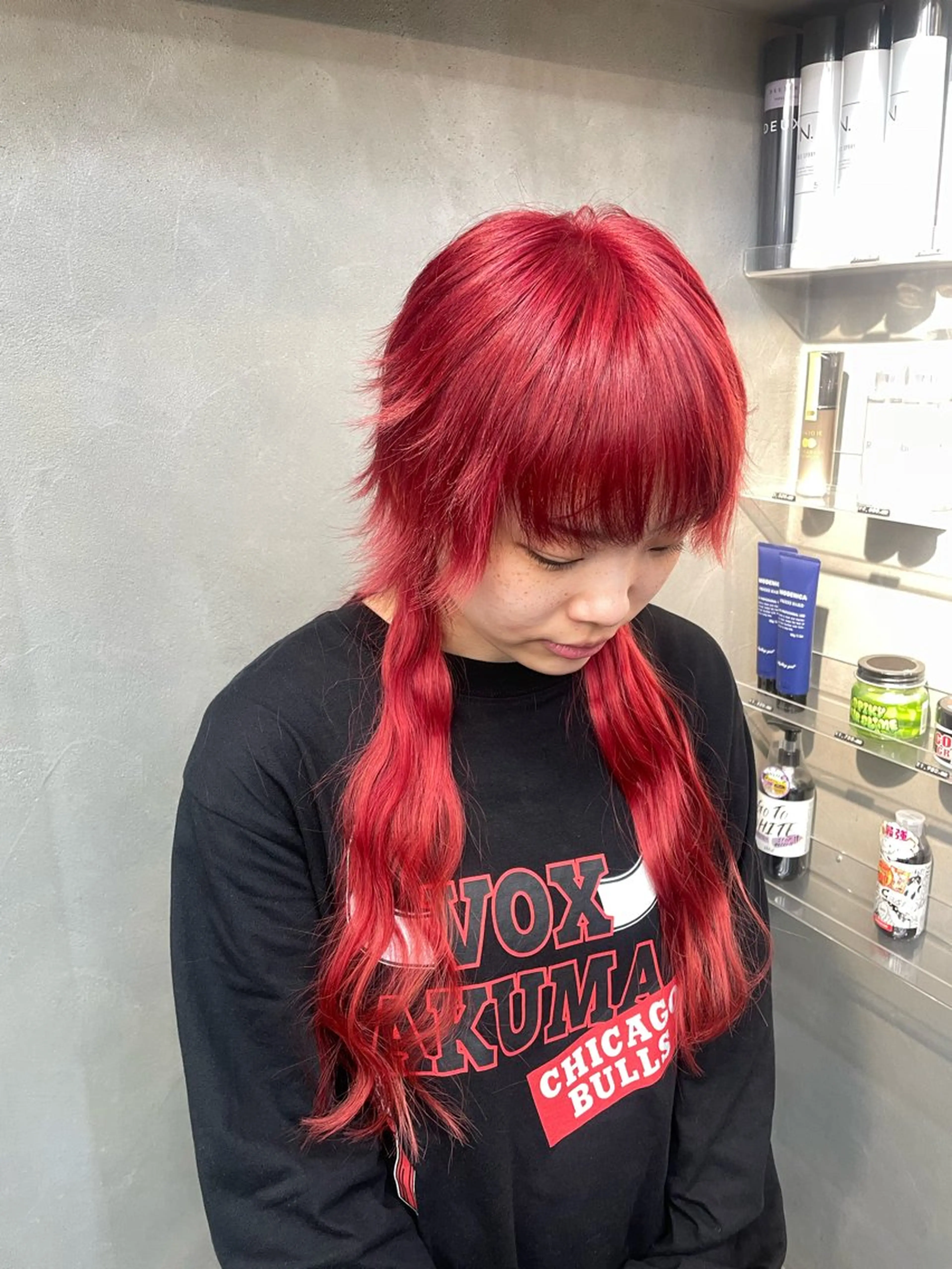 ロング カラー ヘアアレンジ レッドカラー ロング ウルフカット ヘアカラー エクステ/コーンロウ KURUMI⛓️🔥のヘアスタイル