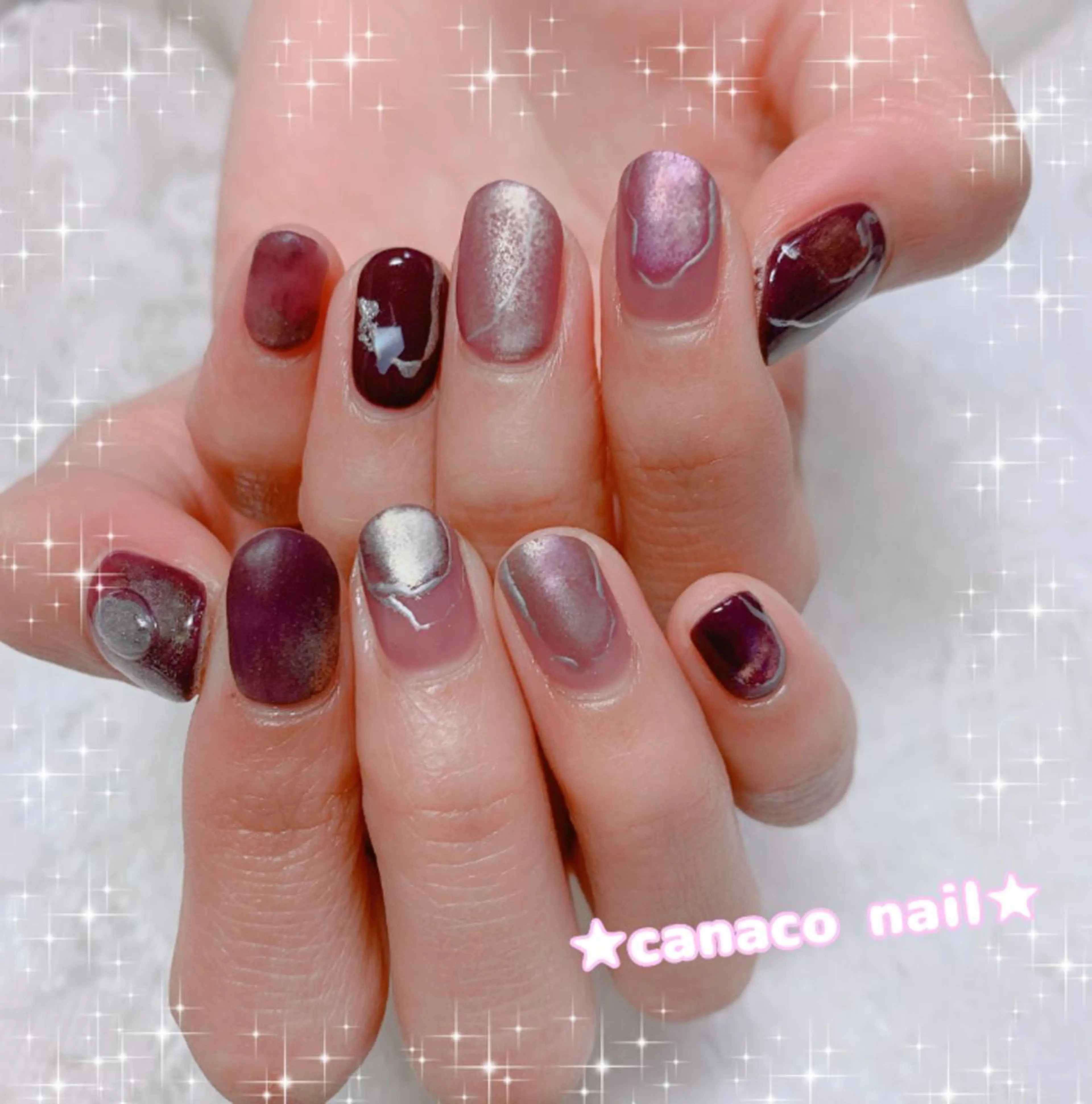 ネイル ボルドー マットネイル ミラーネイル ニュアンスネイル ピンク ハンドネイル ハンドケア Felice所属・ベテランネイル cnc  nailのネイルデザイン