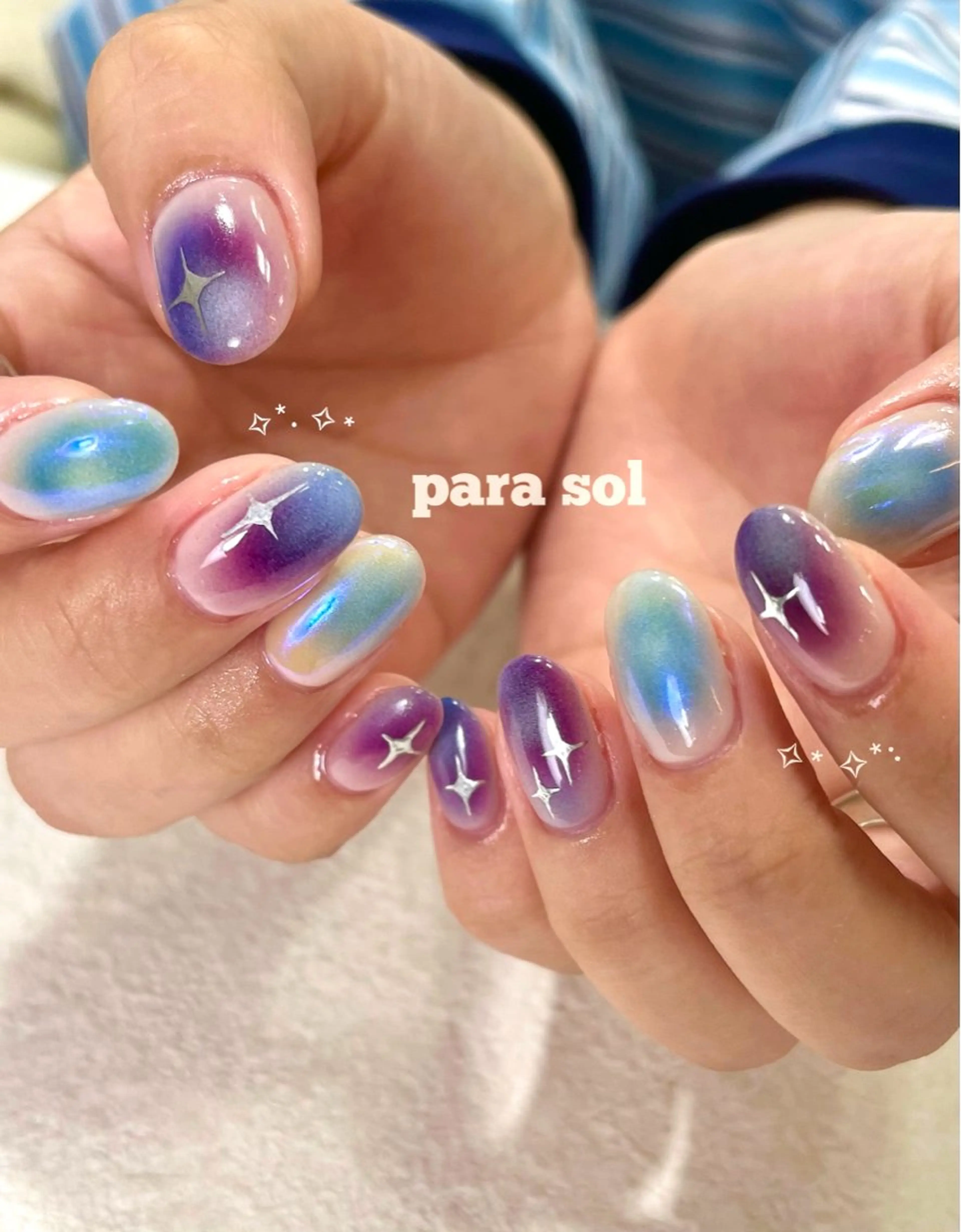ネイル オーロラネイル ブルー キラキラネイル ハンドネイル フットネイル Para Sol nail　Maoのネイルデザイン