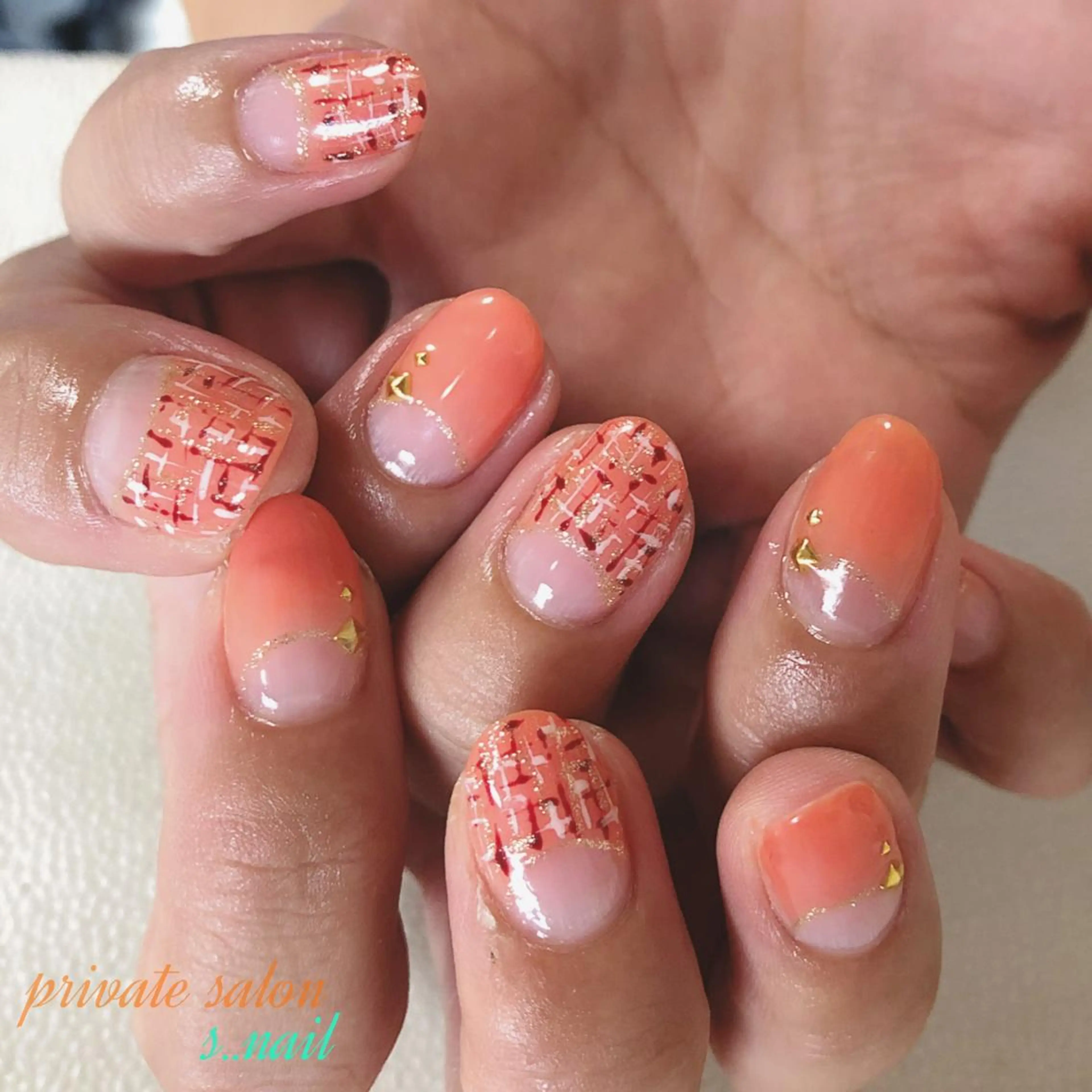 ネイル フレンチネイル オレンジ ツイードネイル ハンドネイル フットネイル s..nail / MORITAのネイルデザイン