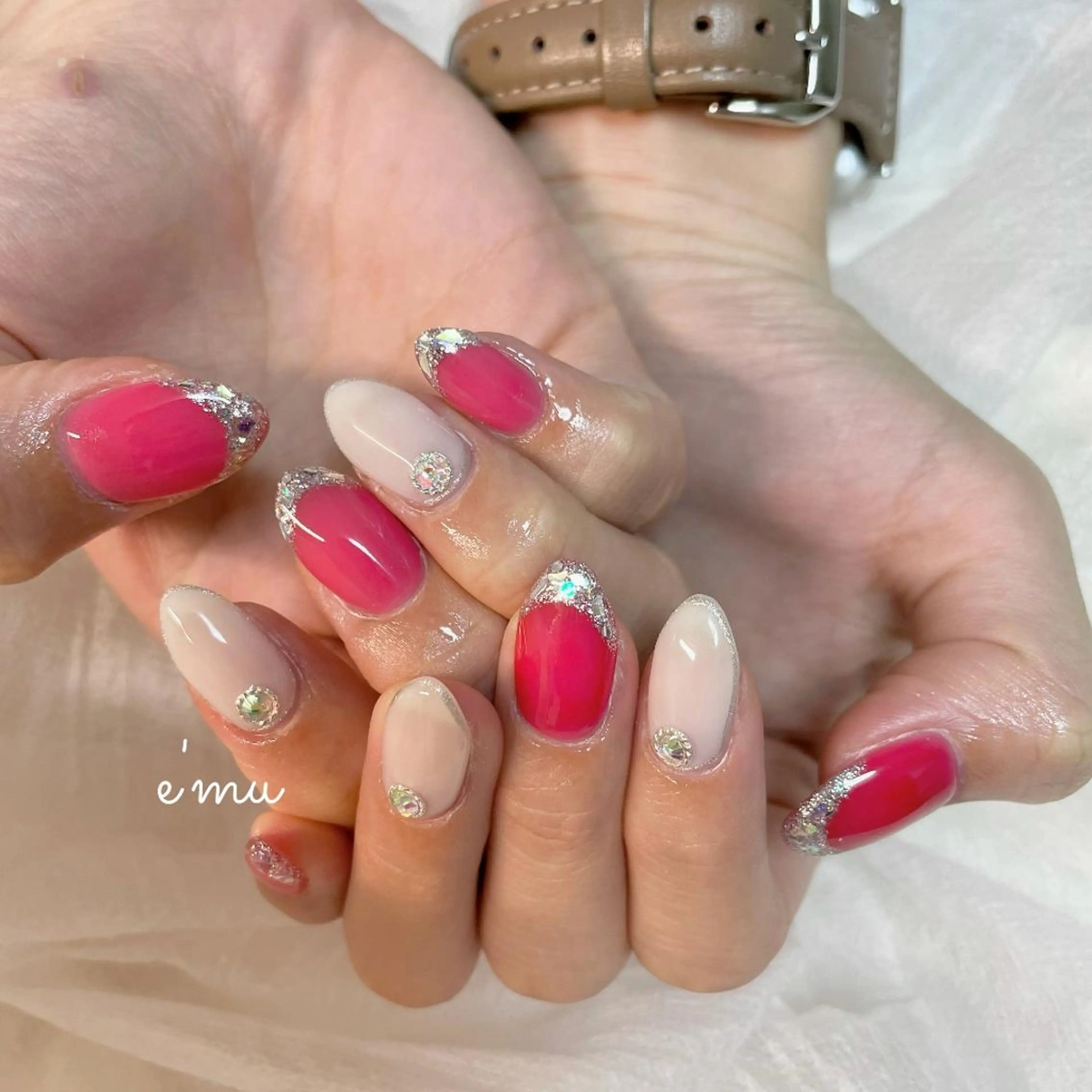 ネイル フレンチネイル ガラスフレンチ キラキラネイル nail salon e'mu💐のネイルデザイン
