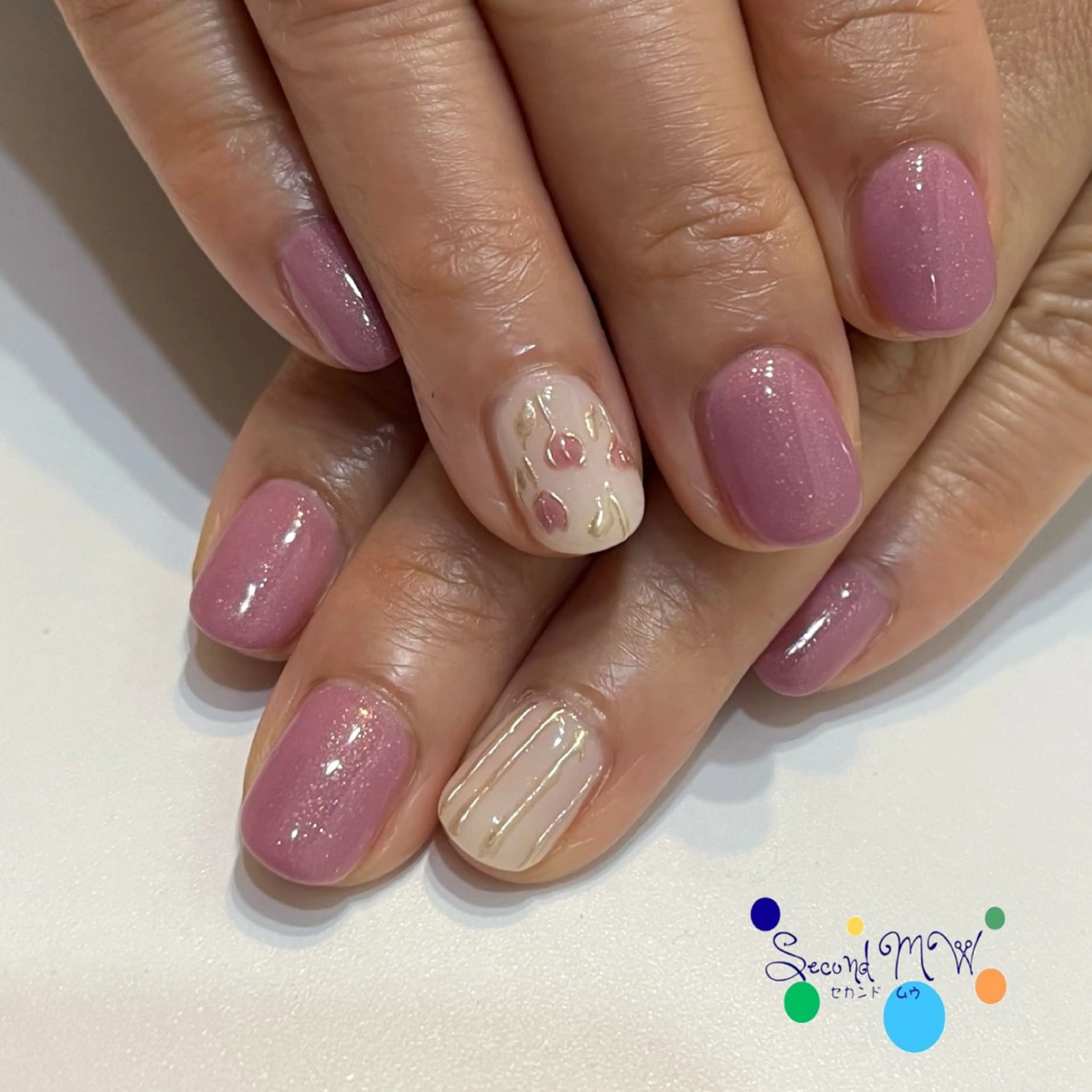 ネイル ミラーネイル ピンク 春ネイル SecondMW _nail 　川連のネイルデザイン