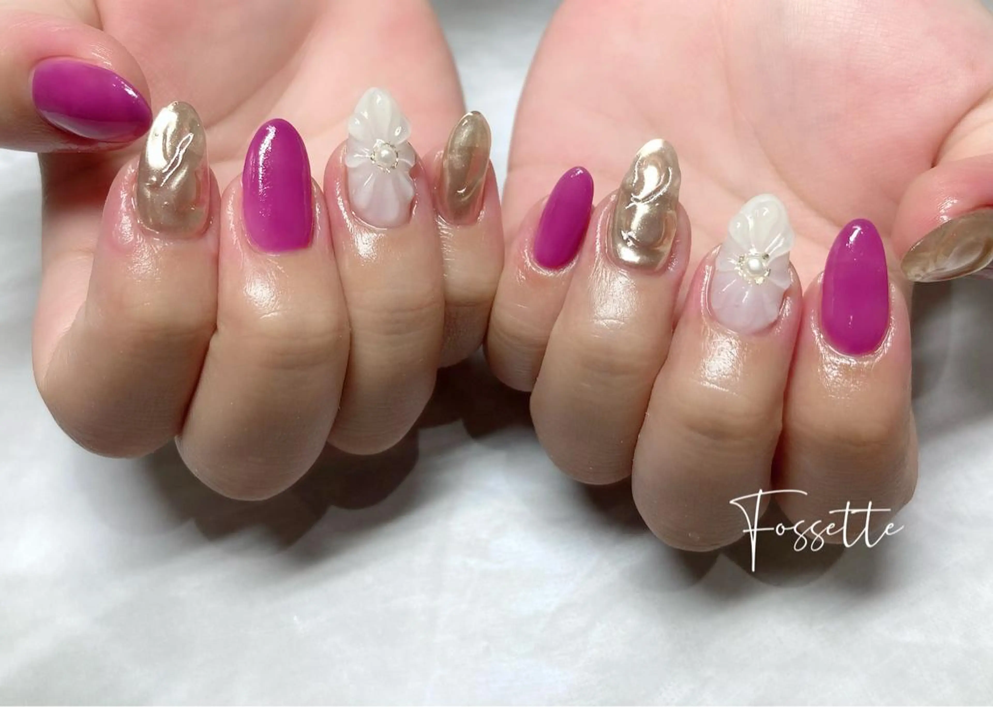 ネイル フラワーネイル ミラーネイル ワンカラーネイル ぷっくりネイル ハンドネイル nailsalon Fossetteのネイルデザイン