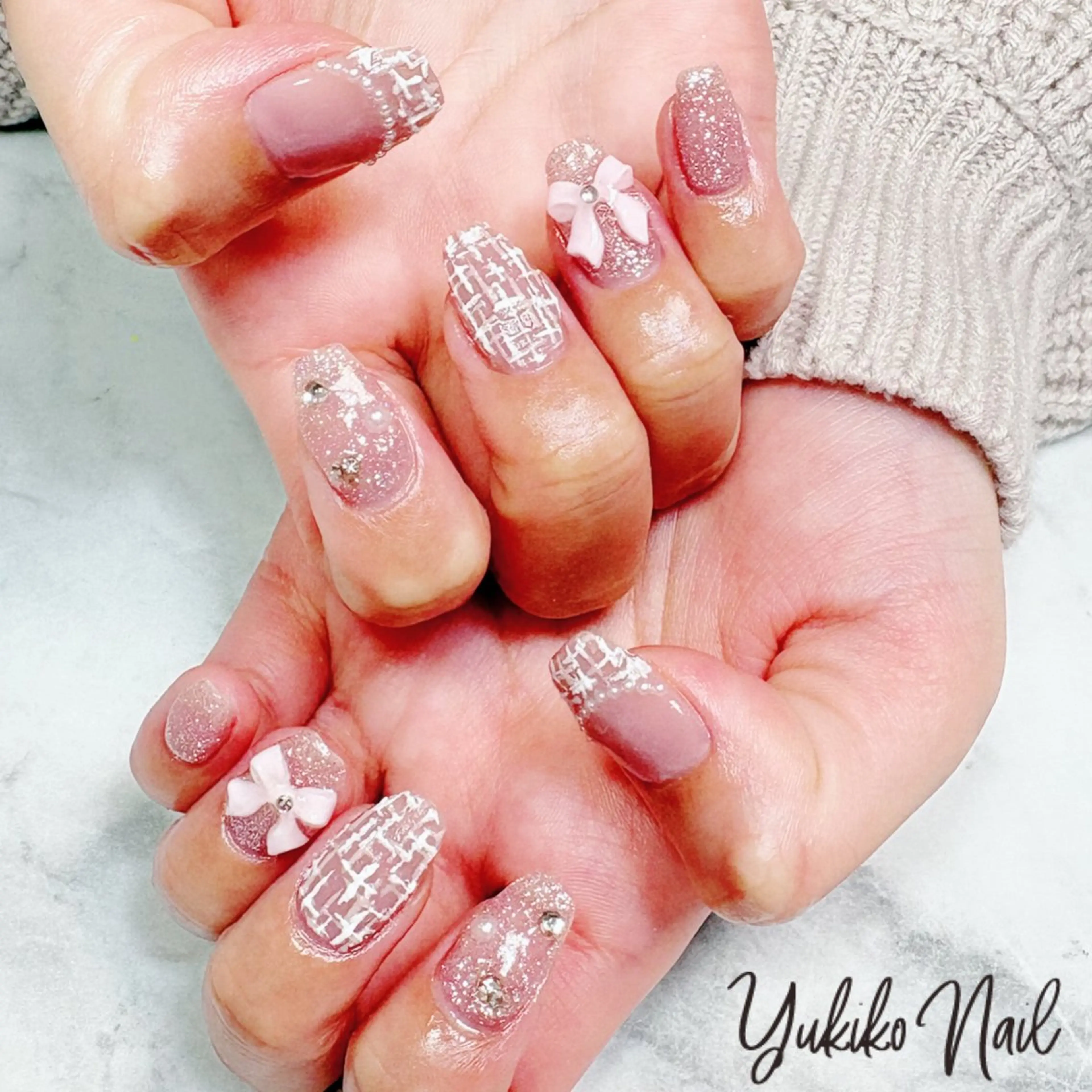 ネイル ガーリー 韓国ネイル マットネイル ピンク リボン ハンドネイル ユキコ ネイルのネイルデザイン