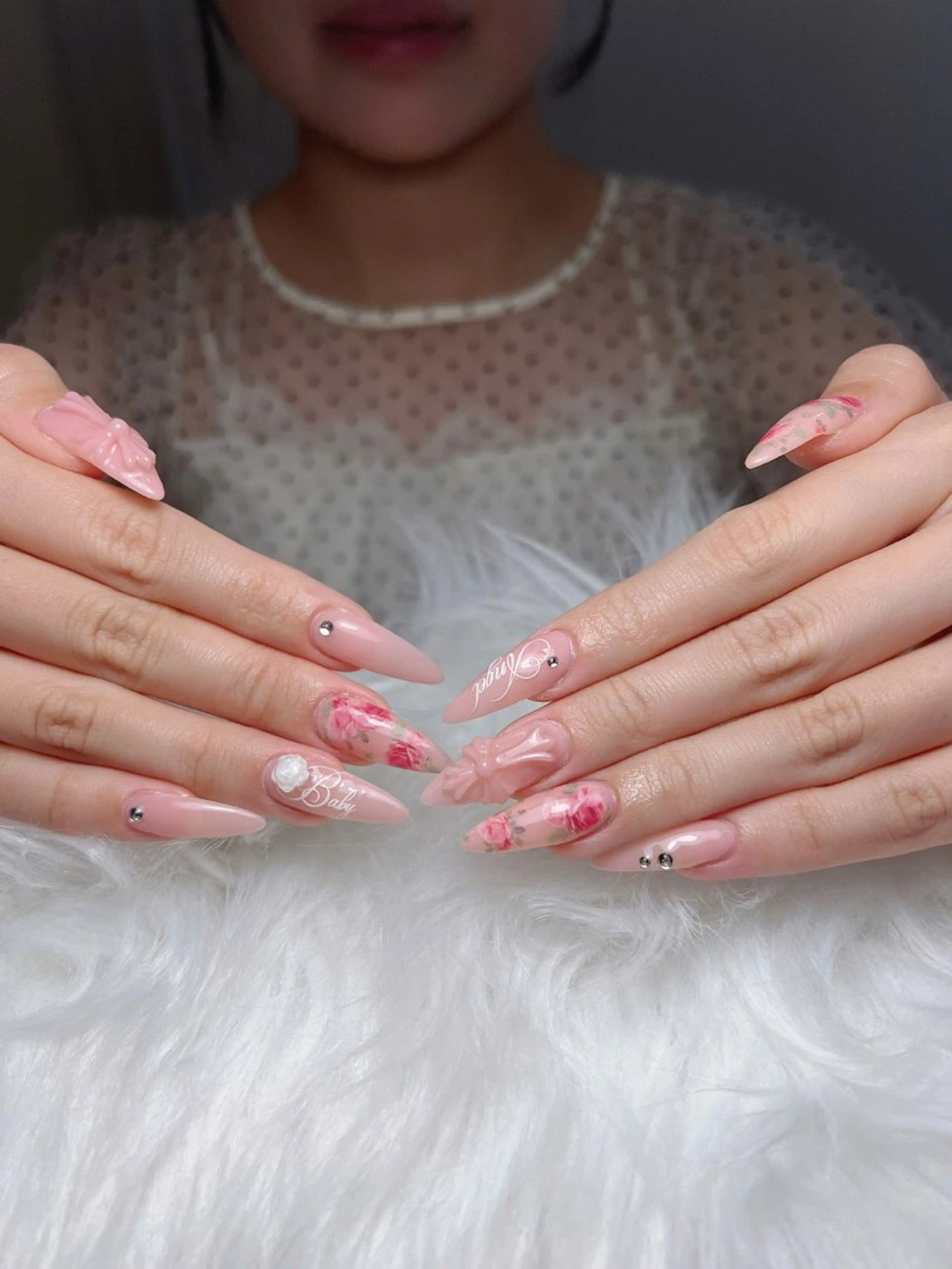 ネイル ガーリー ハート 韓国ネイル ニュアンスネイル リボン Sora nail 長さ出し専門店のネイルデザイン