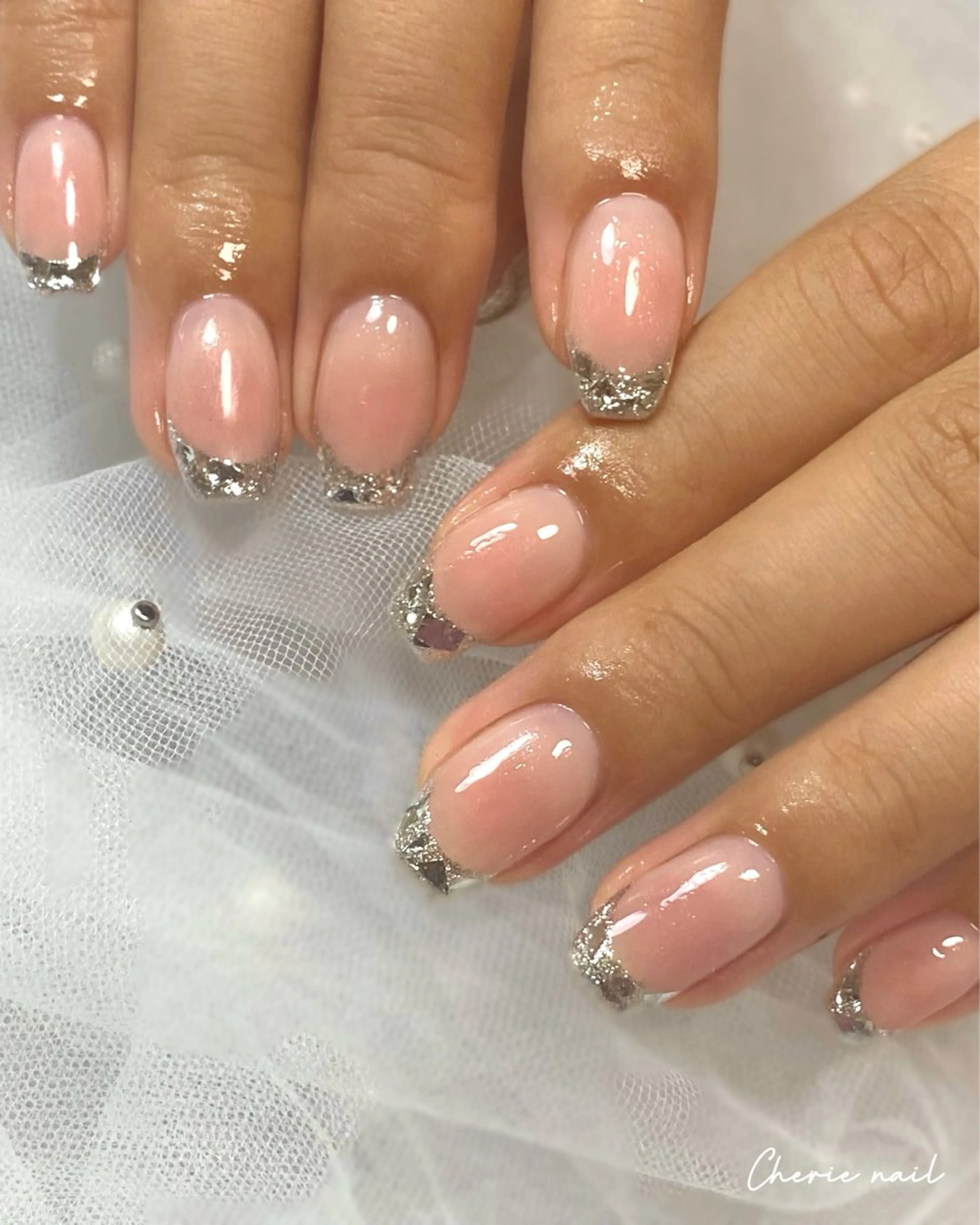 ネイル チークネイル フレンチネイル ジェルネイル ガラスフレンチ オフィスネイル ハンドネイル Cherienail yunaのネイルデザイン