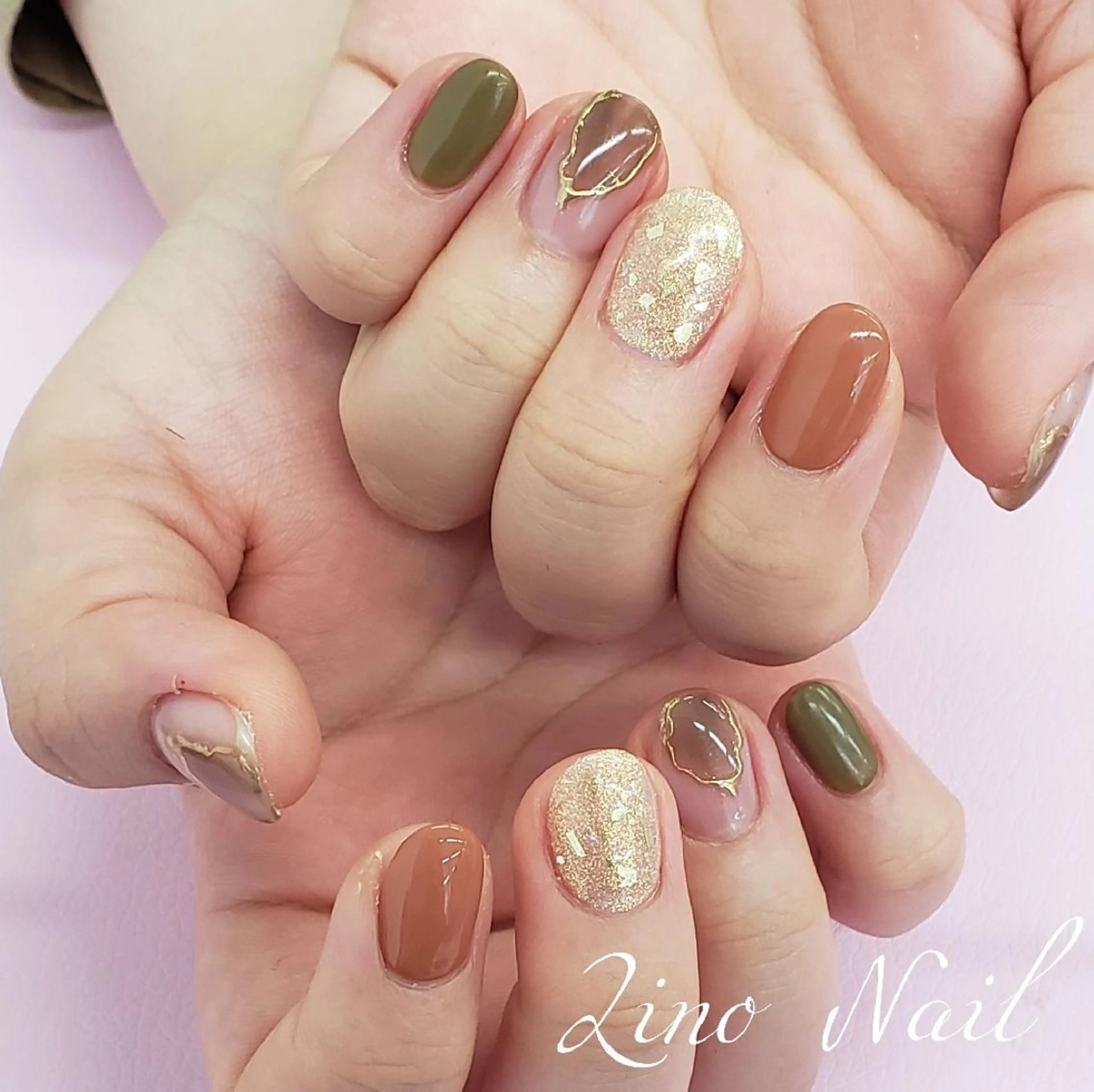 ネイル ブラウン カジュアル フレンチネイル ジェルネイル グリーン ハンドネイル Lino Nailのネイルデザイン
