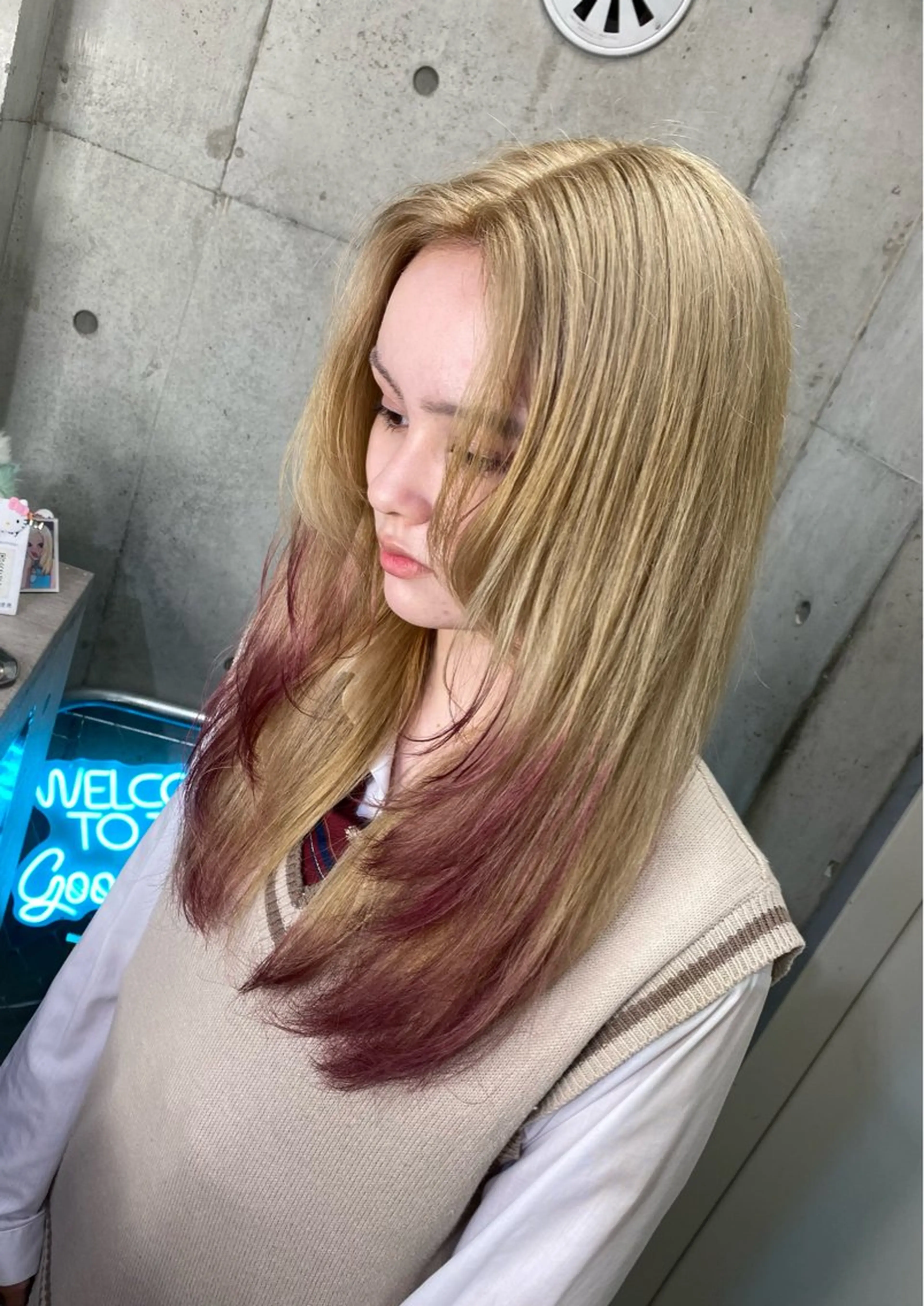 セミロング カラー ヘアアレンジ レッドカラー 國分 伸也のヘアスタイル