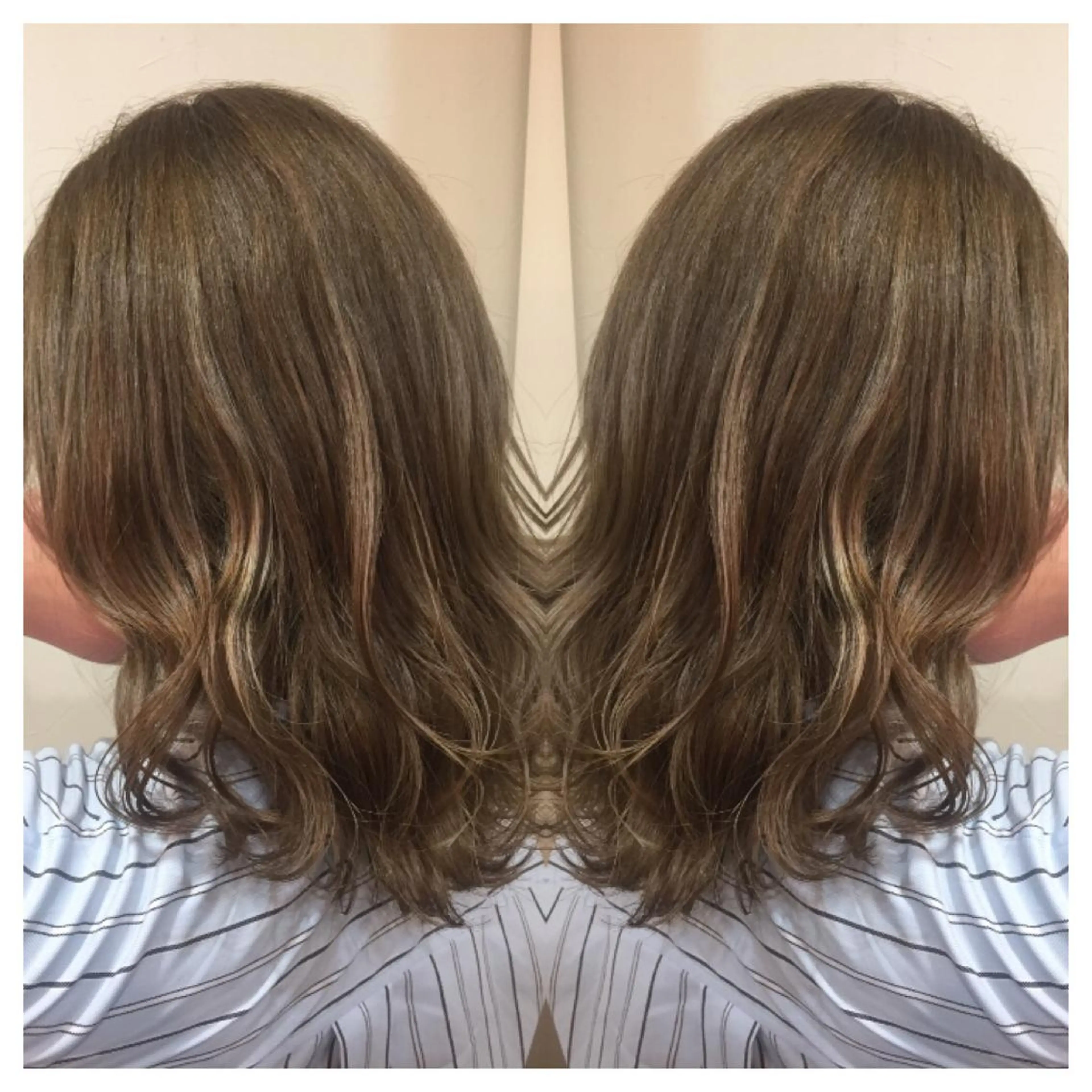 セミロング カラー バレイヤージュ グレージュ レイヤーカット ヘアカラー 髪質改善/痛ませ ないカラー/西村航大のヘアスタイル