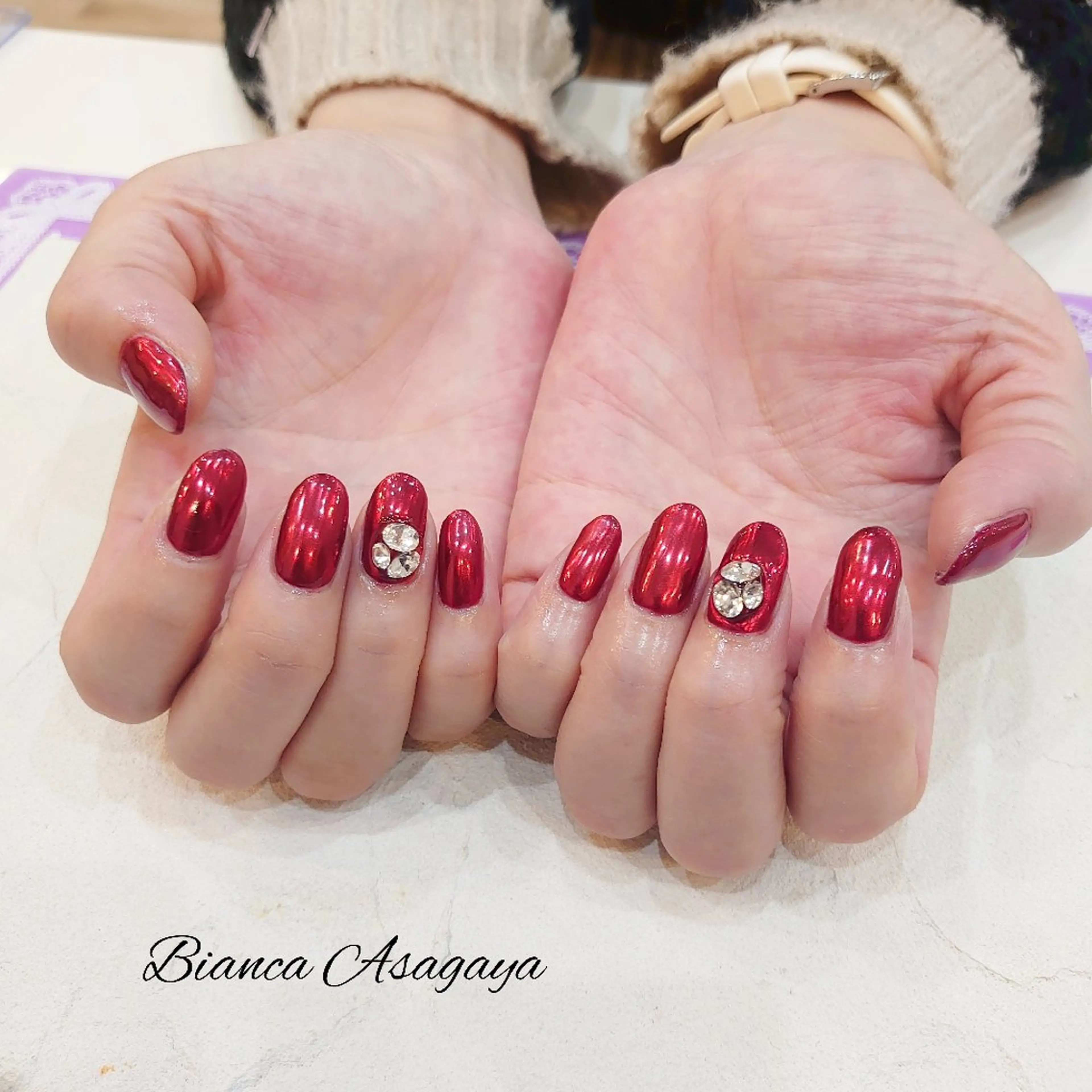 ネイル ジェルネイル ミラーネイル パラジェル 赤色 Bianca TANAKAのネイルデザイン
