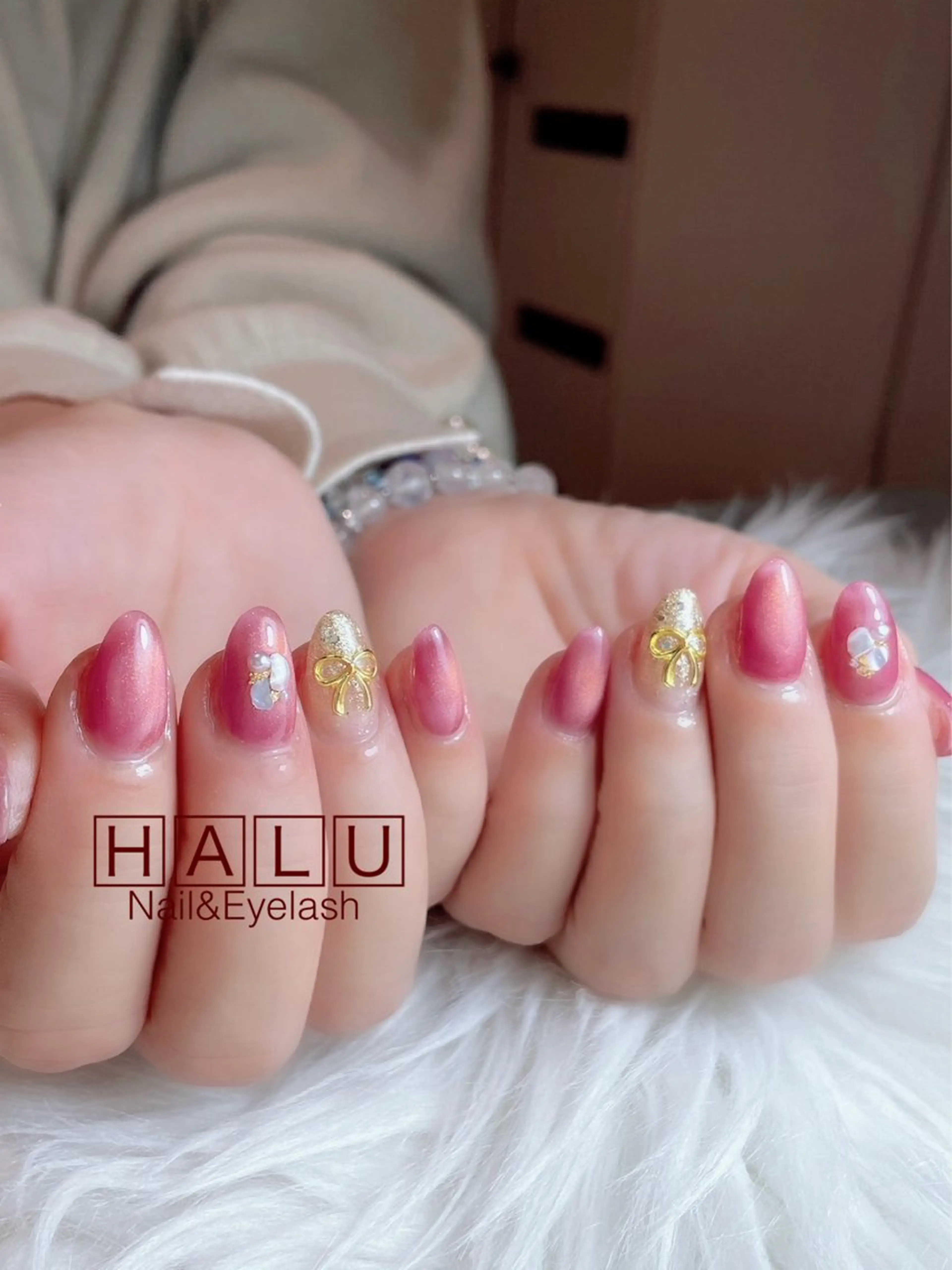 ネイル マグネットネイル ピンク リボン HALU ハルのネイルデザイン