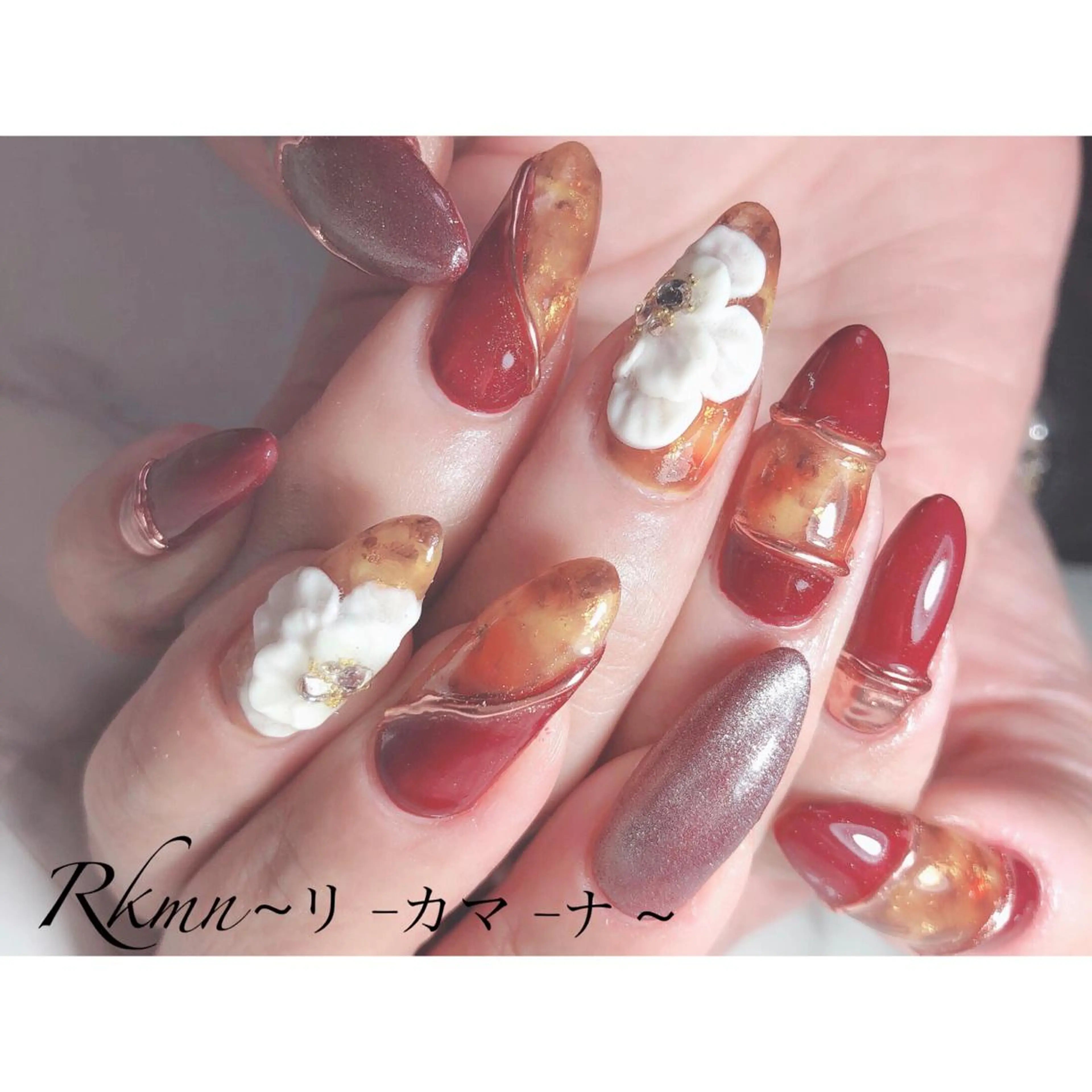 ネイル アートネイル べっ甲ネイル ボルドー フラワーネイル フレンチネイル Rkmn ~リ-カマ-ナ~のネイルデザイン