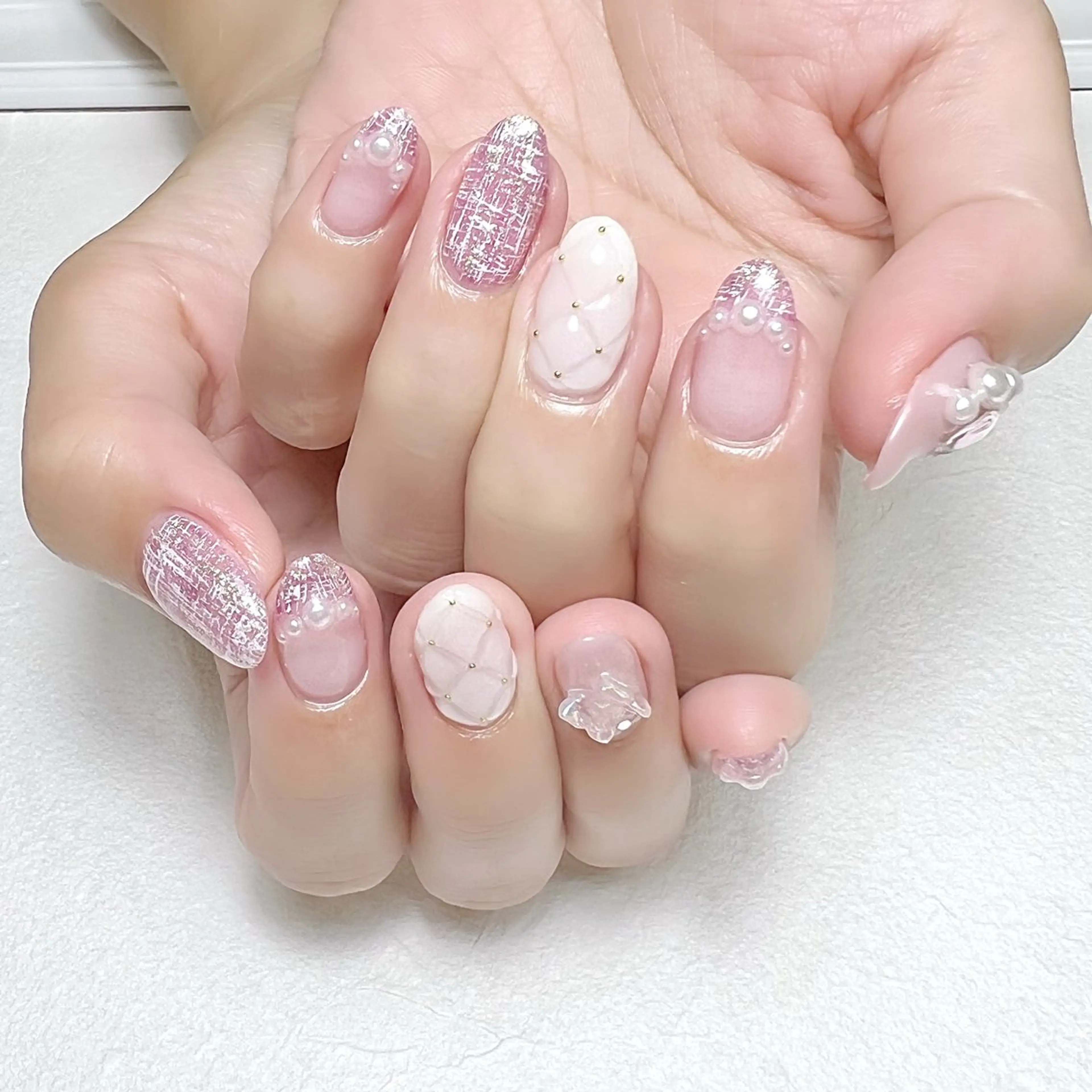 ネイル ガーリー キラキラネイル 韓国ネイル ピンク ツイードネイル rouse nail RISATOのネイルデザイン
