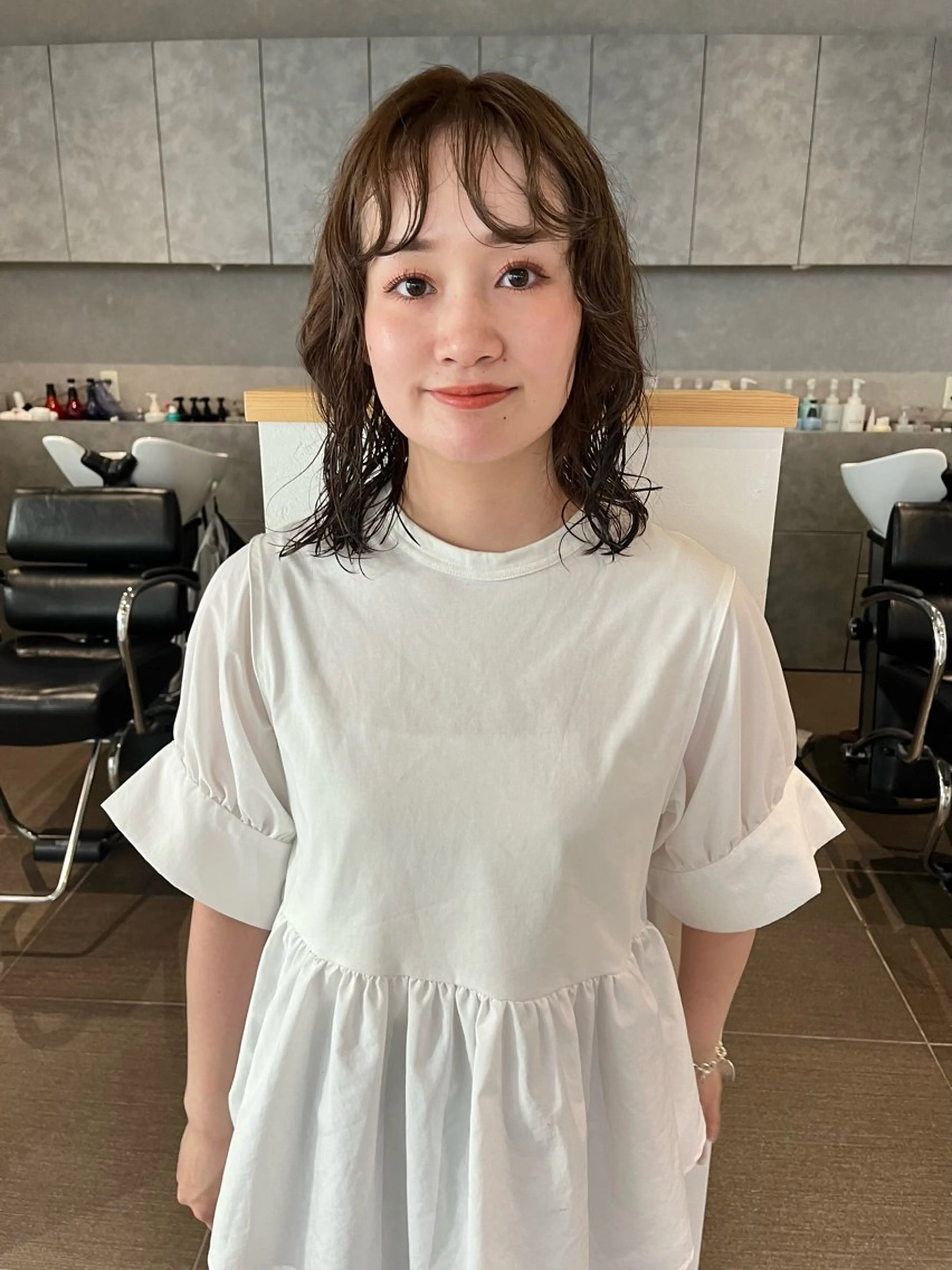 ミディアム カラー パーマ ミディアムパーマ ベージュカラー ブリーチ ブリーチなしカラー ニュアンスパーマ カット ヘアカラー パーマ ショート/パーマ/ カラー/FUKOのヘアスタイル