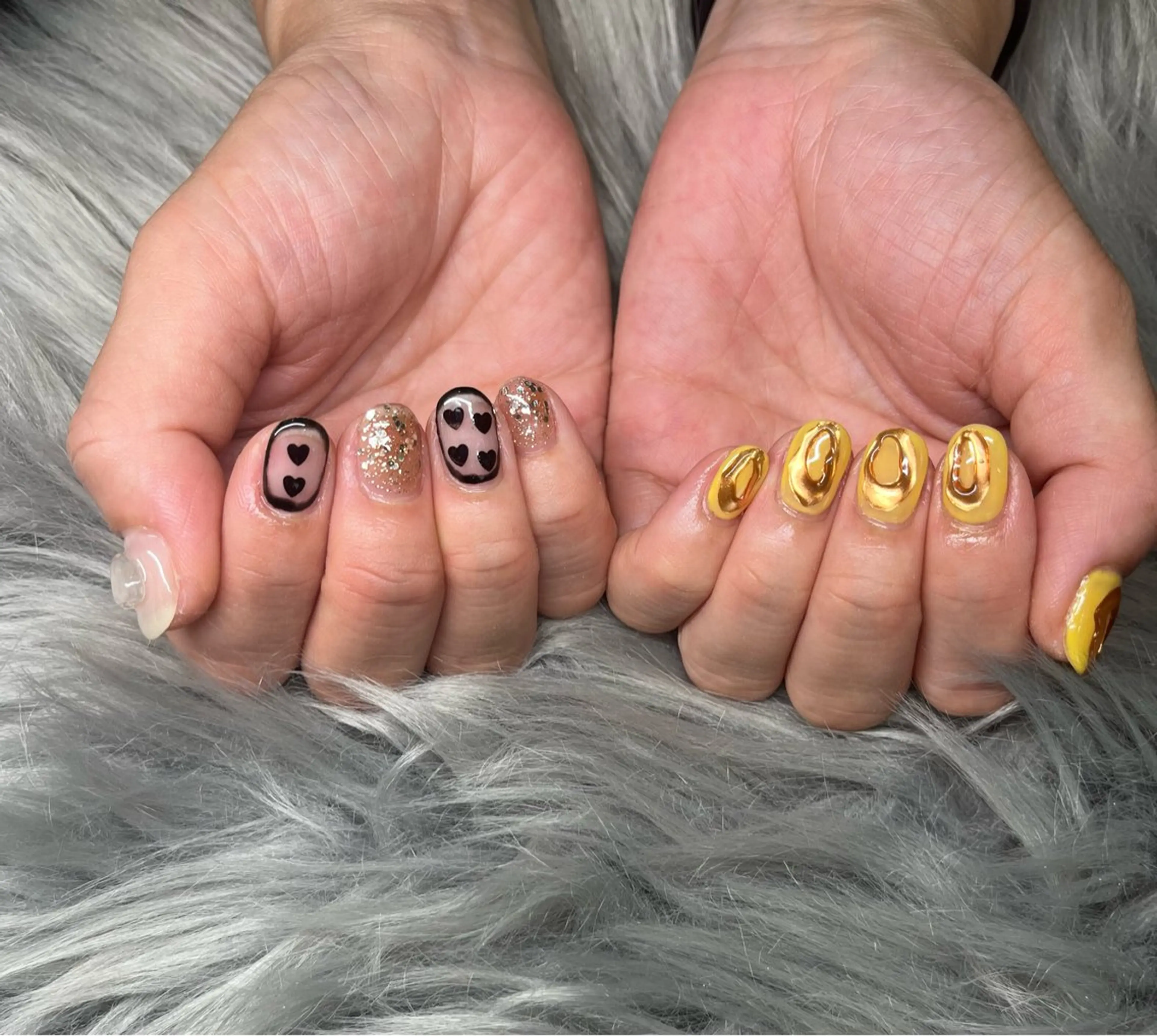 ネイル ブラウン ミラーネイル ぷっくりネイル 黄色 S. SAYAのネイルデザイン