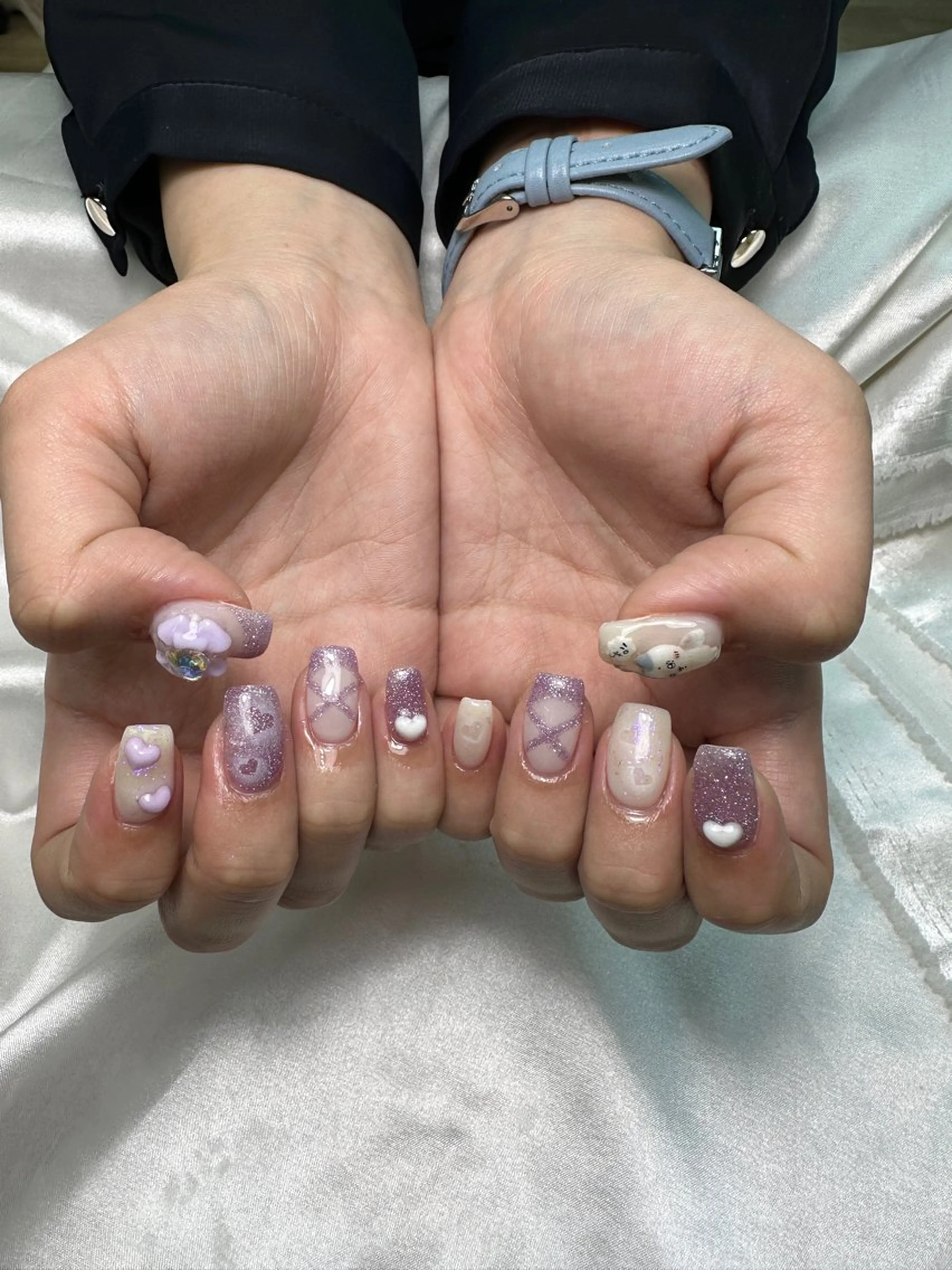 ネイル アートネイル ハート ラメ(グリッター) パープル リボン ハンドネイル Umi nail& eyelash ゆみのネイルデザイン