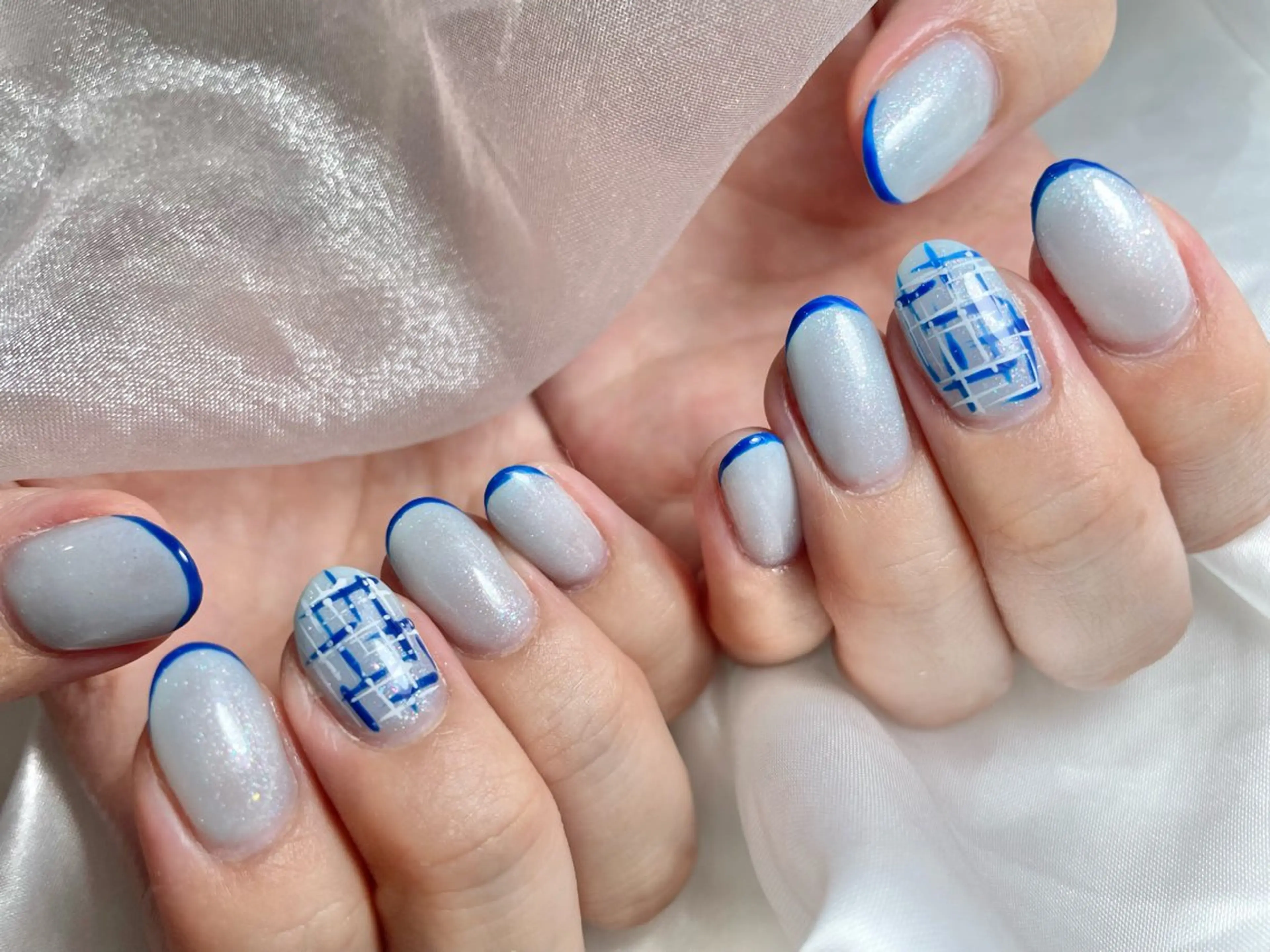 ネイル ブルー フレンチネイル ジェルネイル パラジェル ツイードネイル ハンドネイル ゆりか ジョアアンジェ福島のネイルデザイン
