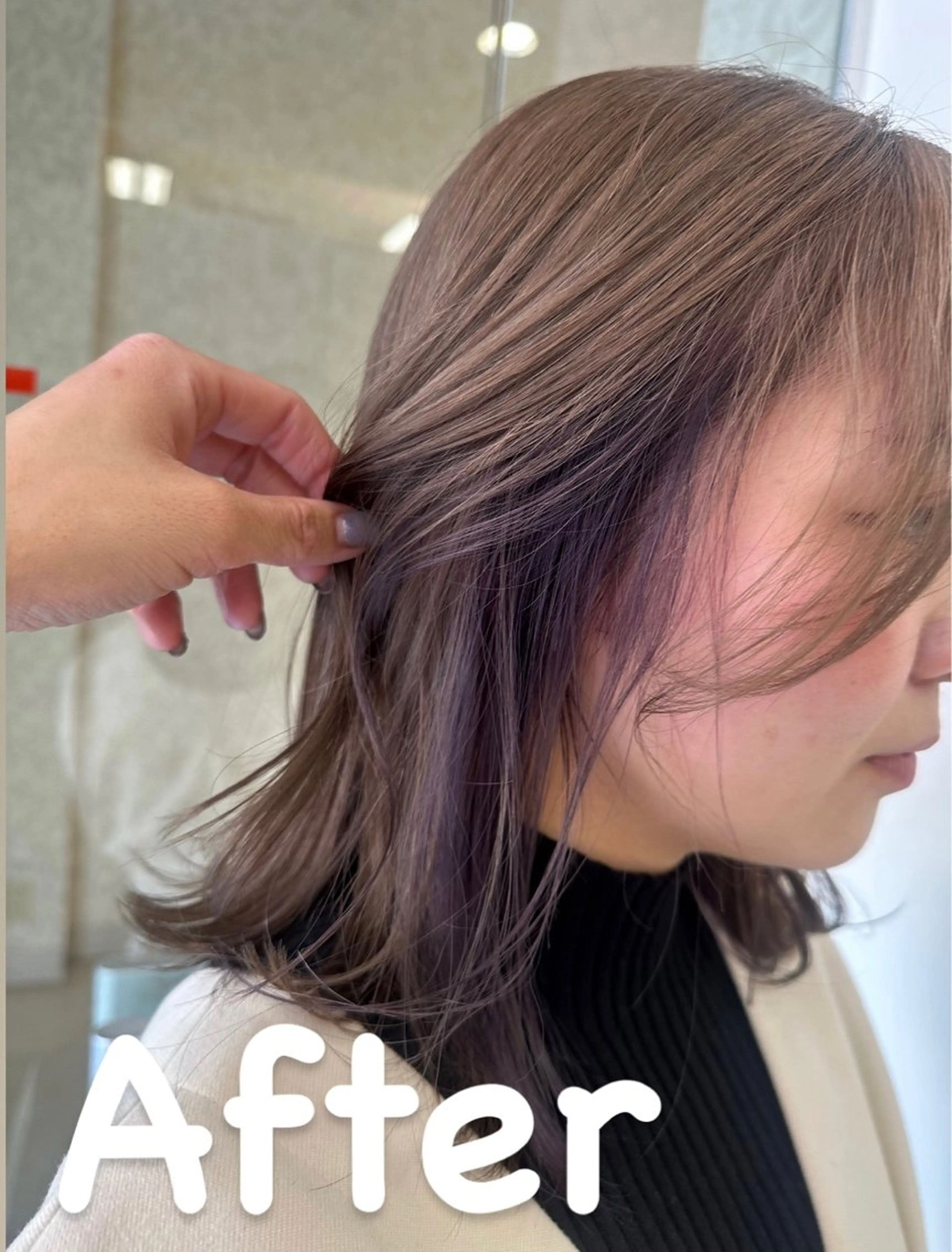 ミディアム カラー ブリーチ グレージュ ラベンダーカラー 野々村 麻由のヘアスタイル
