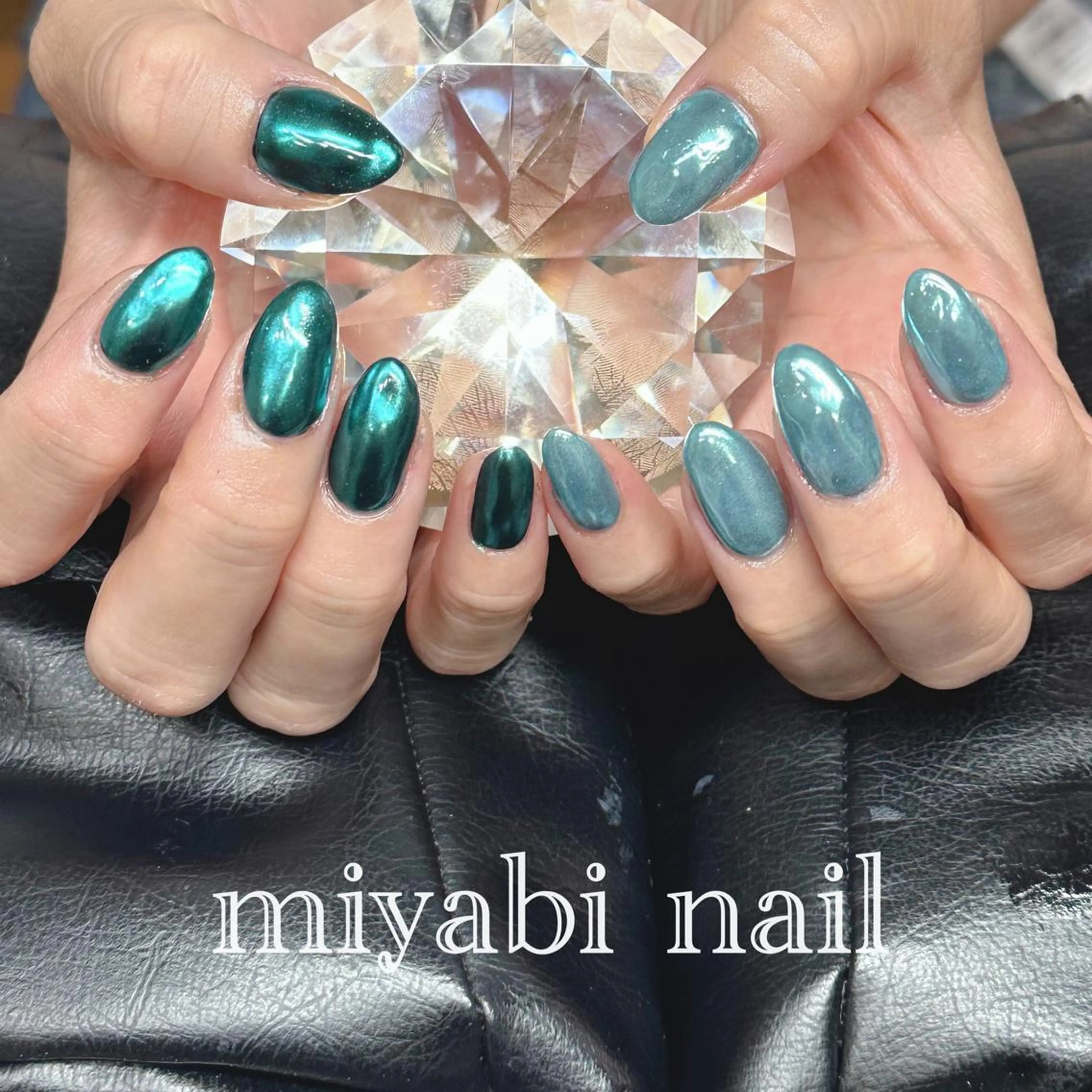 ネイル ブルー ジェルネイル グリーン ミラーネイル 持ち込み ハンドネイル miyabi nail 桂川駅近くのネイルデザイン
