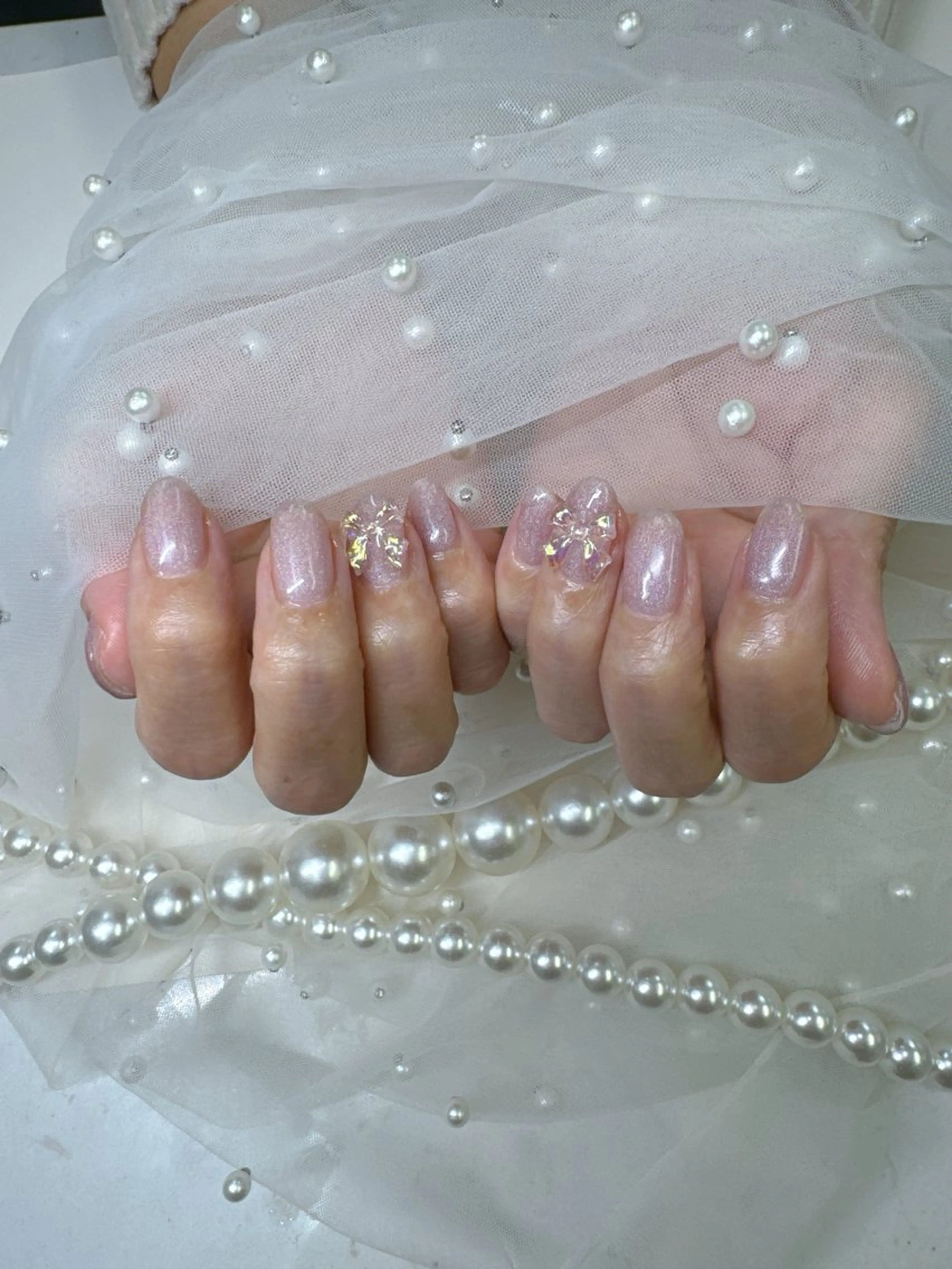 ネイル ドット フレンチネイル ジェルネイル ガラスフレンチ キラキラネイル ハンドネイル Queeens nailのネイルデザイン