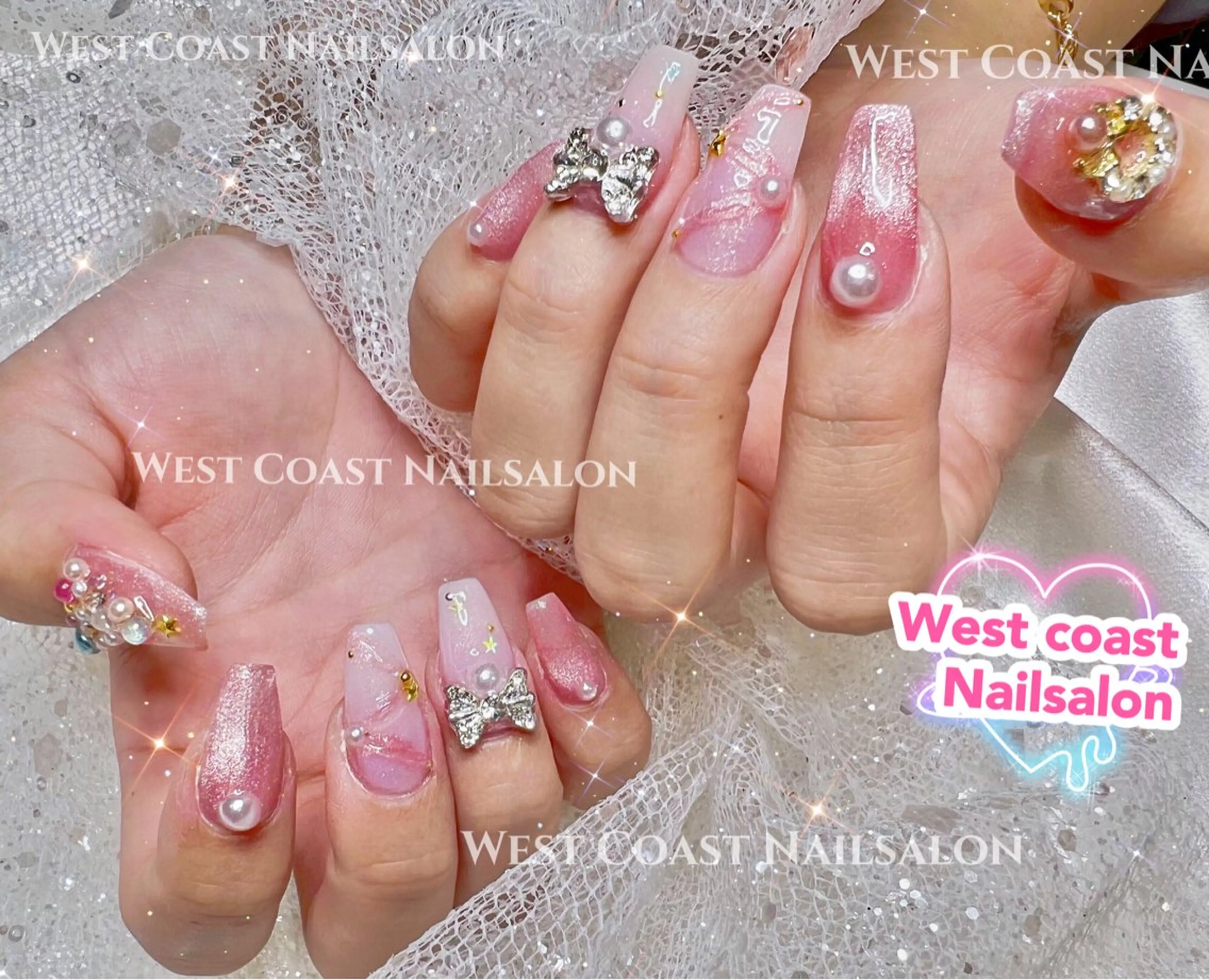 ネイル リボン、ガーリー パーツ放題専門店のネイルデザイン