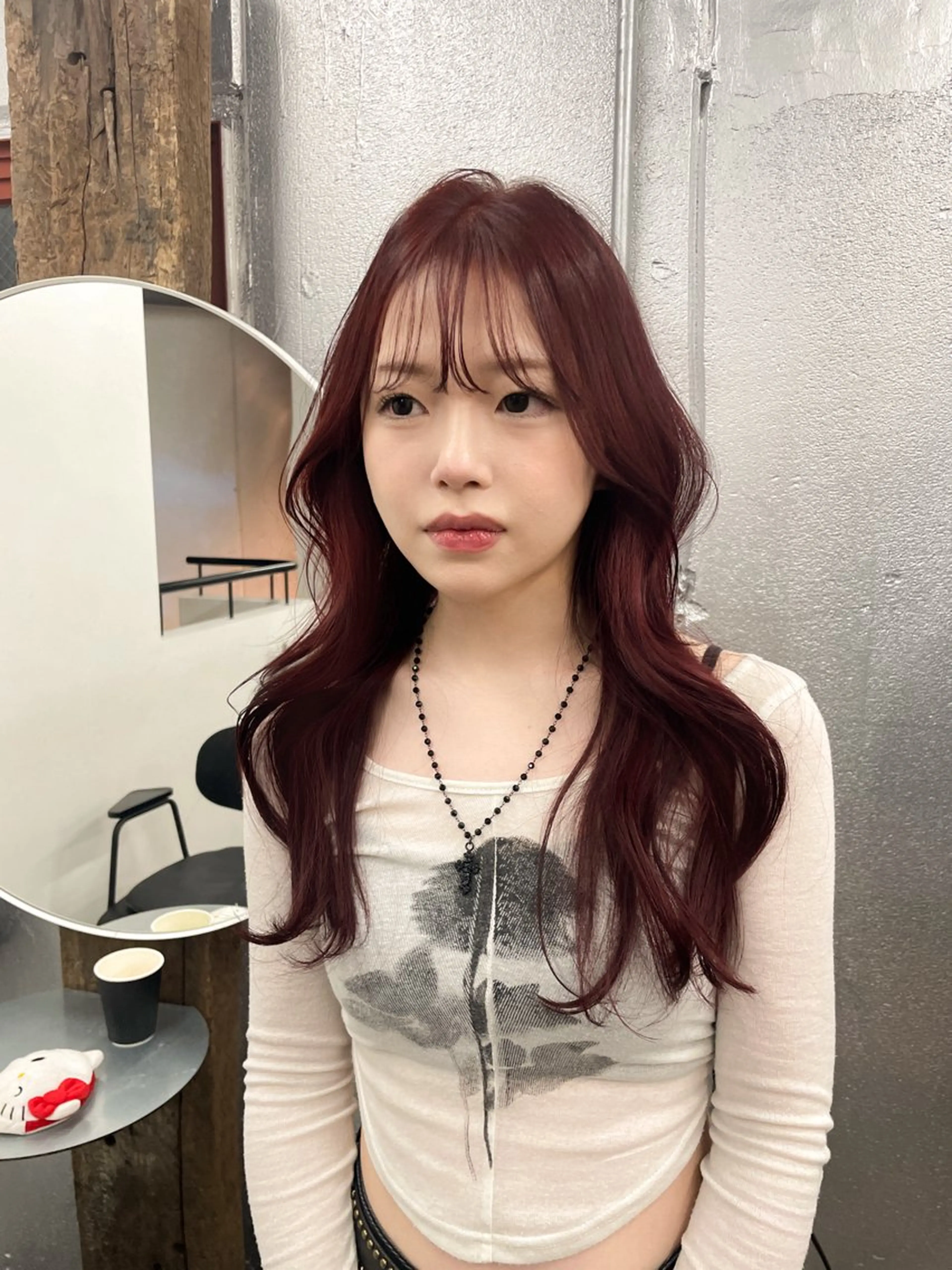 ロング カラー ヘアアレンジ レッドカラー くびれヘア レイヤーカット ハッシュカット/ 韓国ヘア☽⋰mahoのヘアスタイル