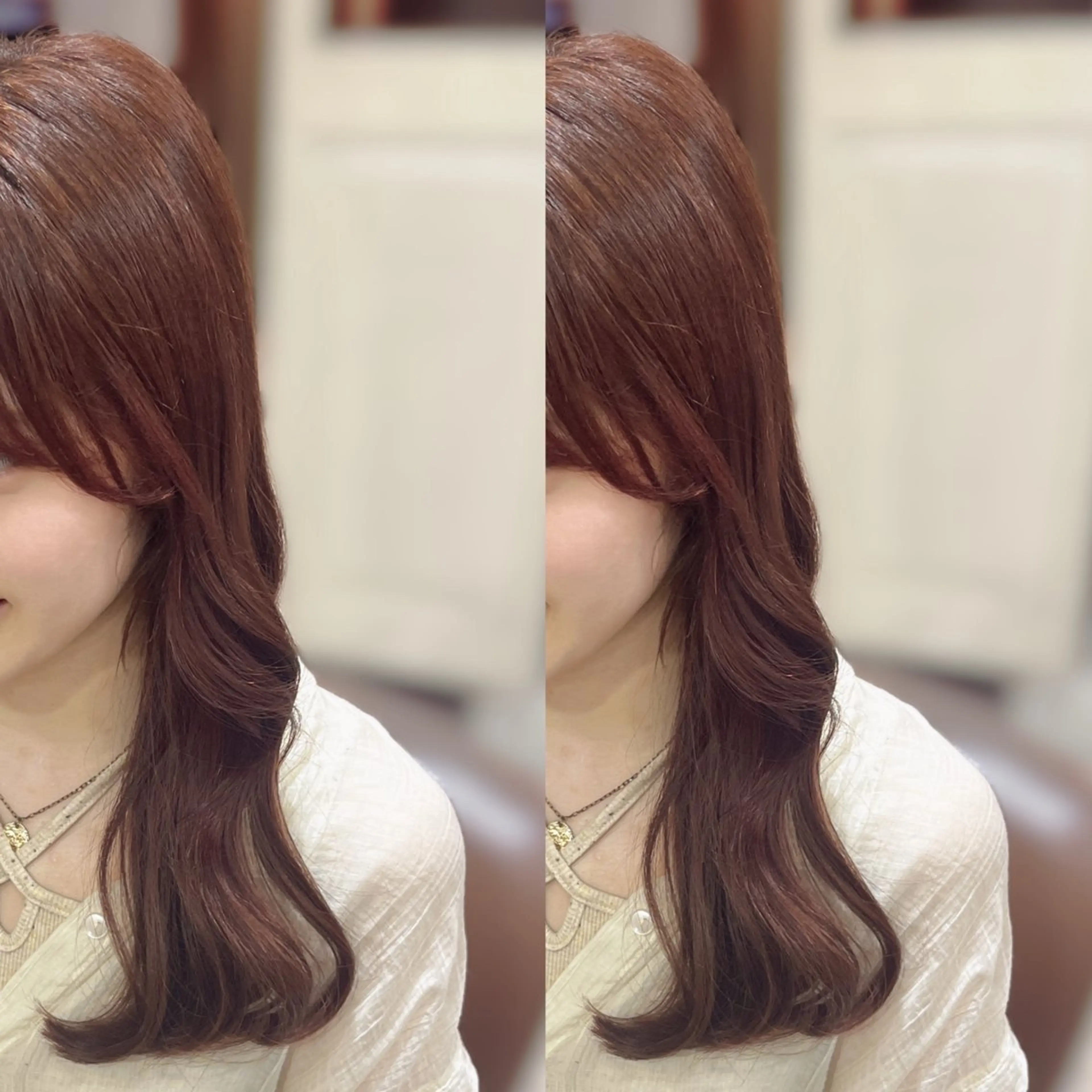 ロング ピンクブラウン くびれヘア 顔周りカット カット ヘアカラー トリートメント 透明感カラー／ 艶感カラー／RAMUのヘアスタイル