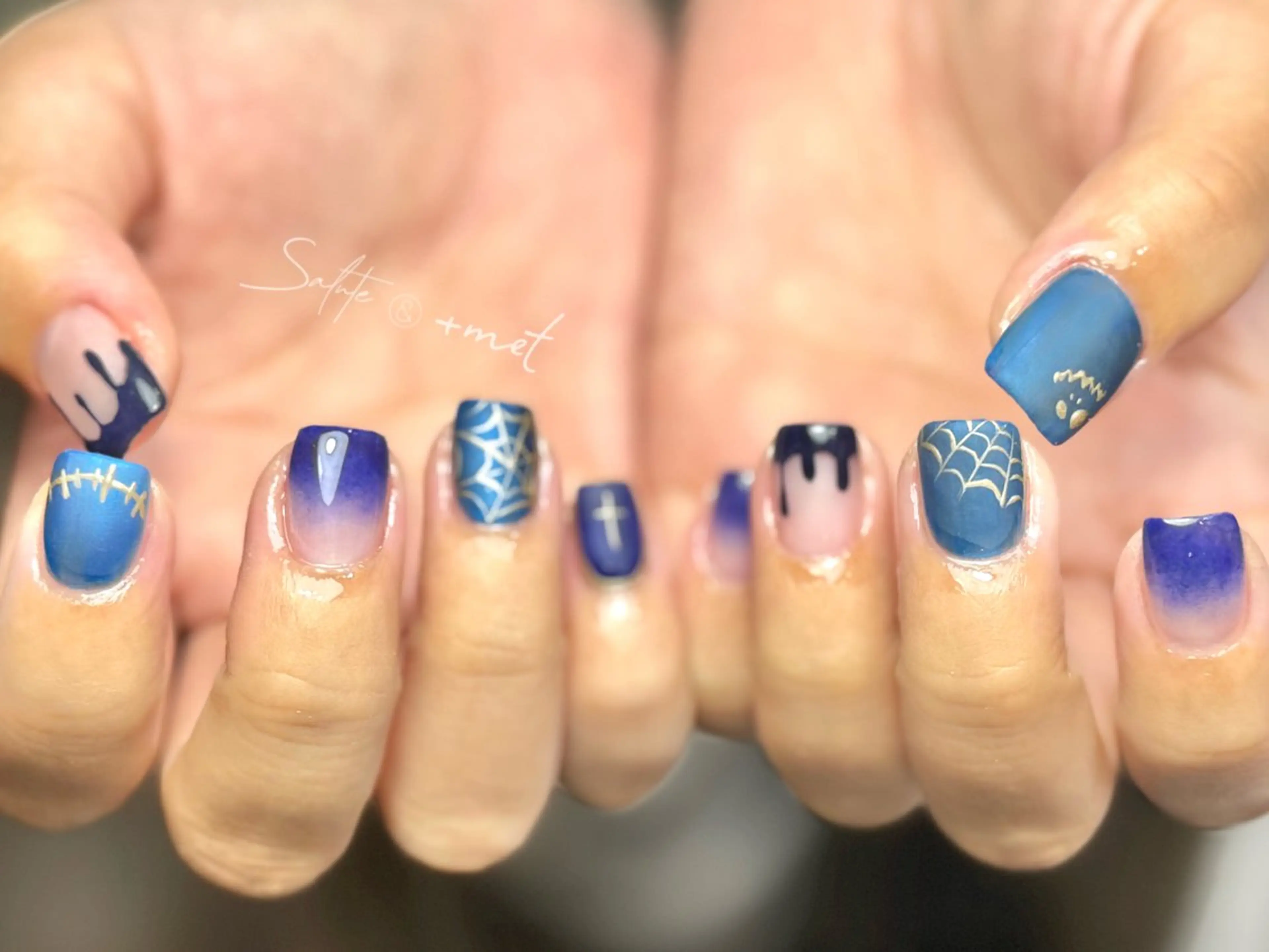 ネイル アートネイル ブルー ハロウィン ニュアンスネイル オフィスネイル Refine ネイリスト 坂本のネイルデザイン