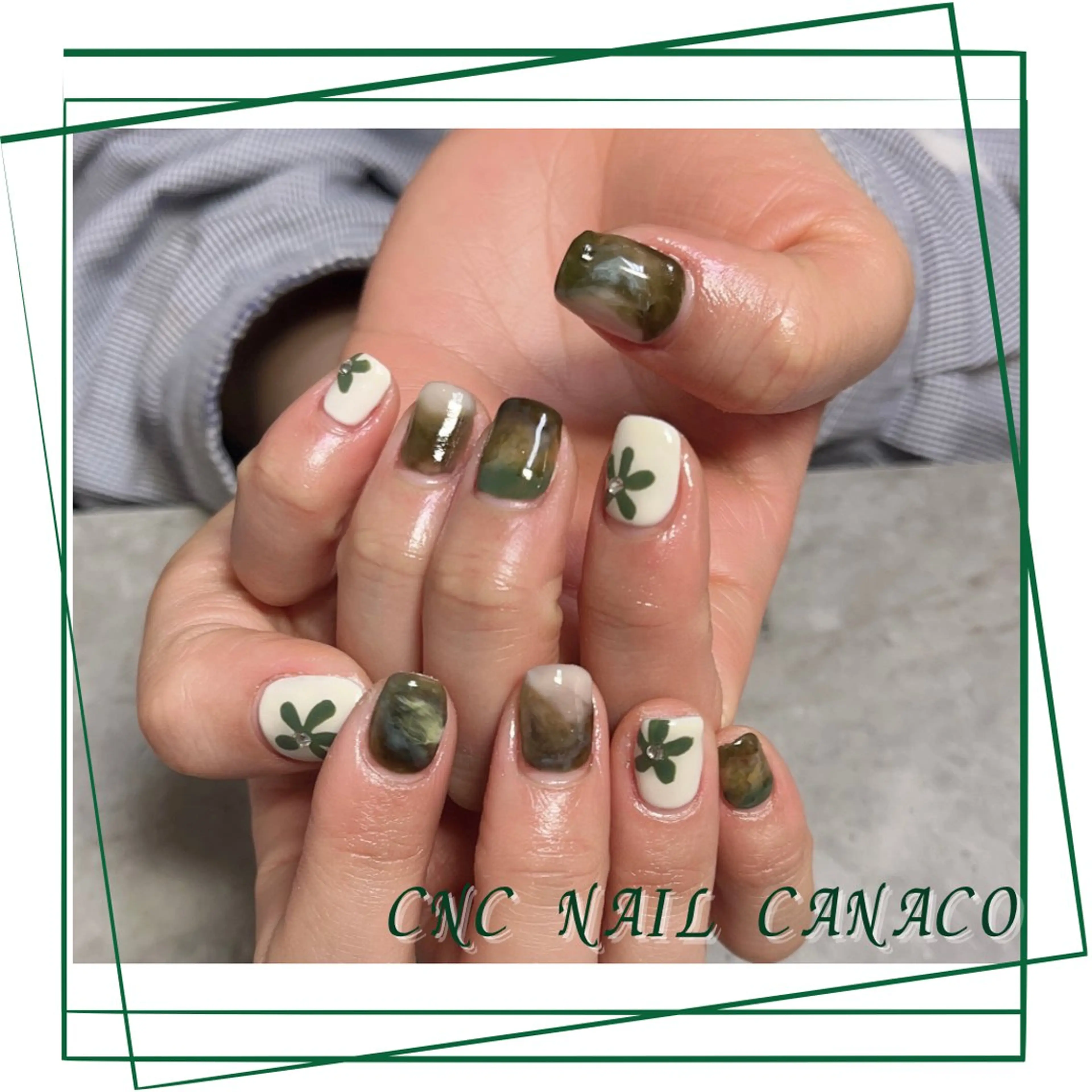 ネイル アートネイル 成人式 フラワーネイル グリーン 持ち込み ベテランネイル cnc  nailのネイルデザイン