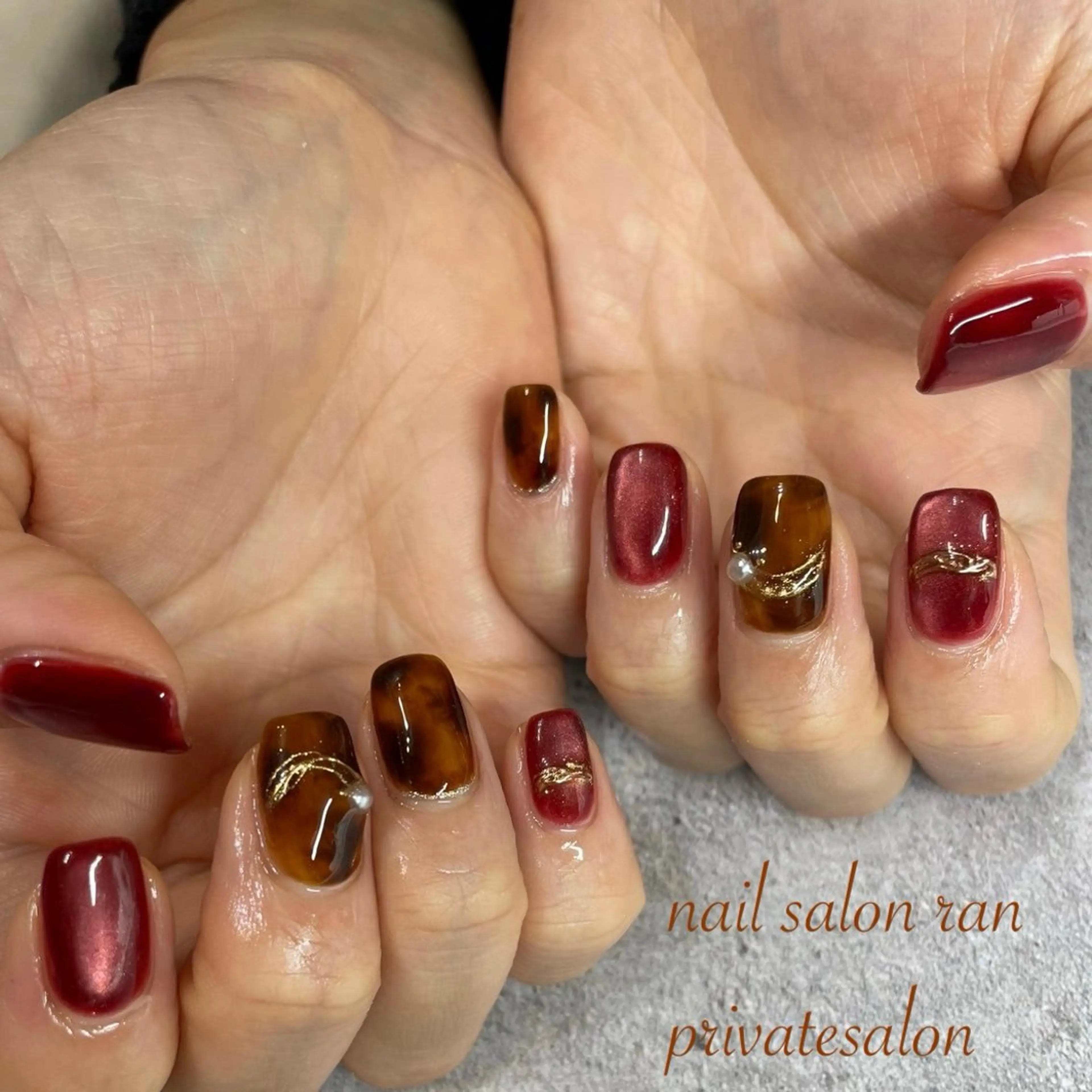 ネイル べっ甲ネイル ボルドー マグネットネイル ハンドネイル ハンドケア nailsalon ranのネイルデザイン
