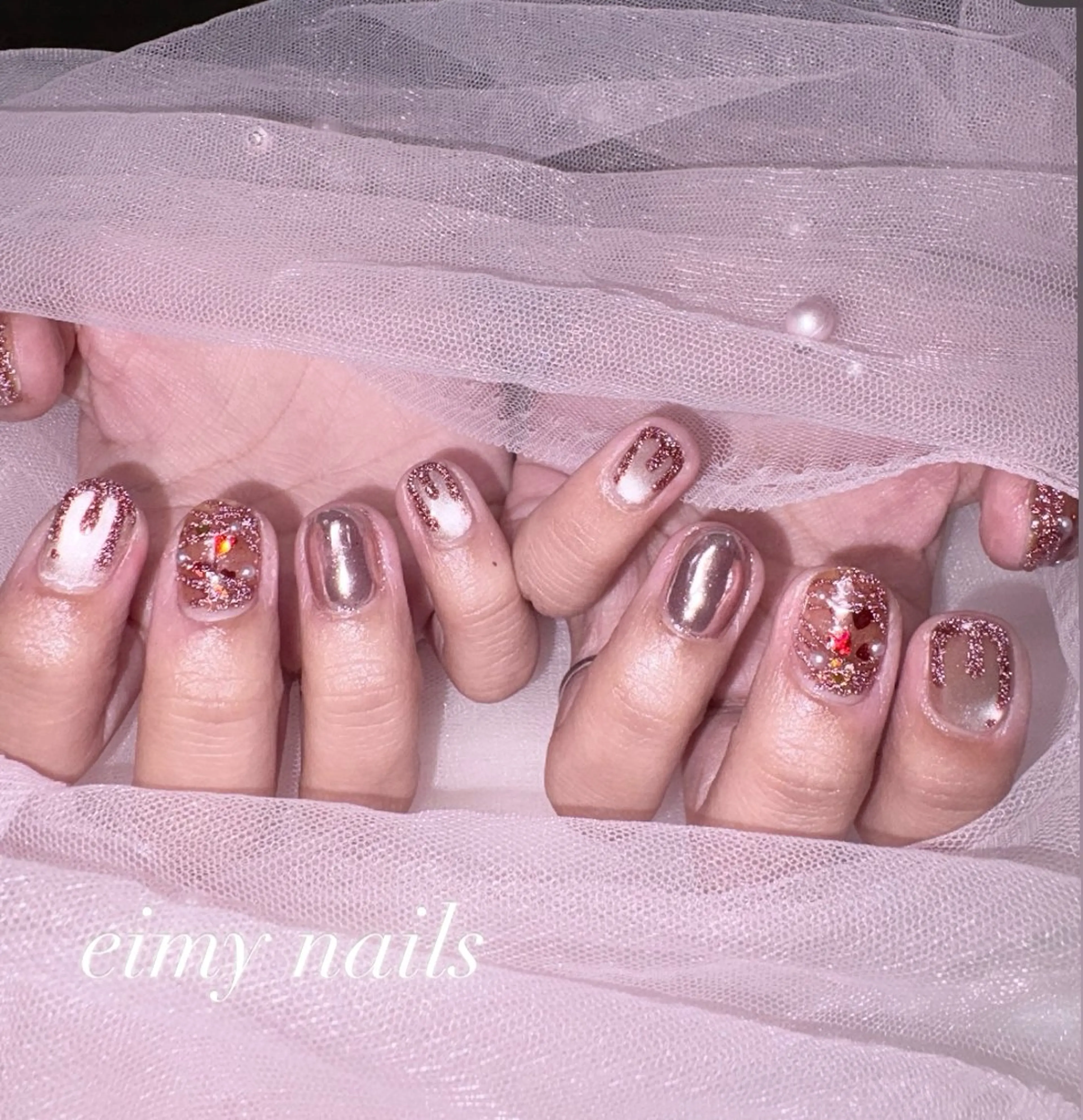 ネイル アートネイル ブラウン フラッシュネイル ハート ラメ(グリッター) ハンドネイル eimy nails♡のネイルデザイン