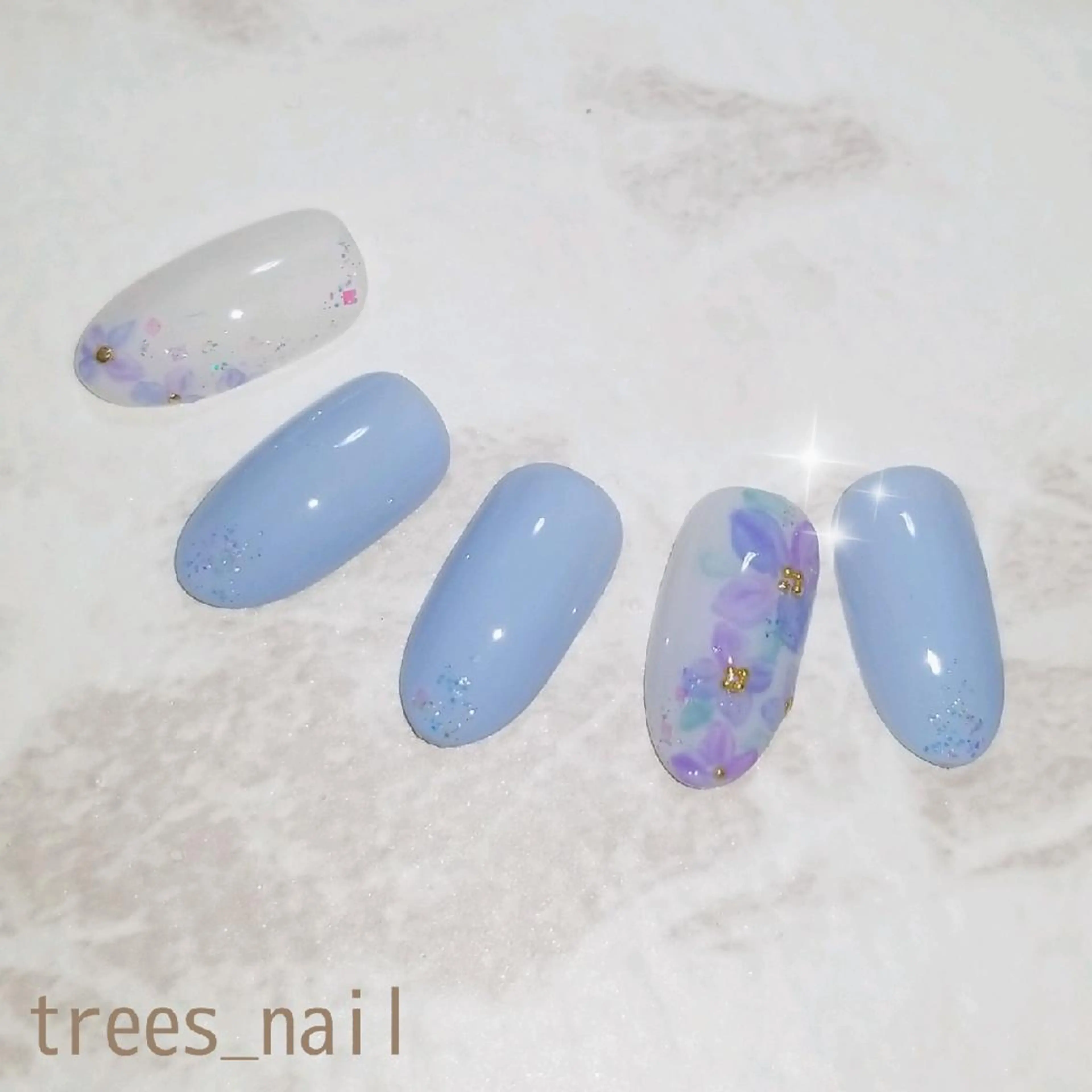 ネイル ジェルネイル 水色 パラジェル パープル ハンドネイル フットネイル trees_ nailのネイルデザイン
